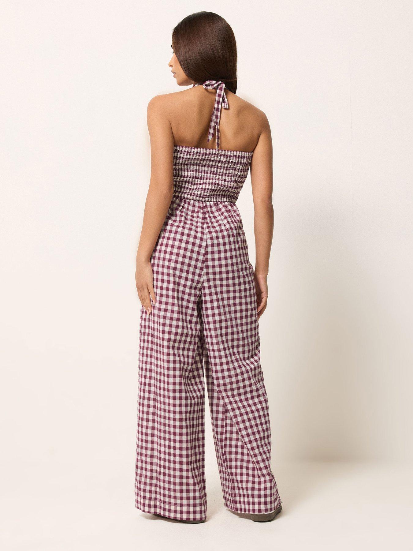 Image 2 of 5 of PixieGirl Petite Gingham Halter Wide Leg Jumpsuit - Purple