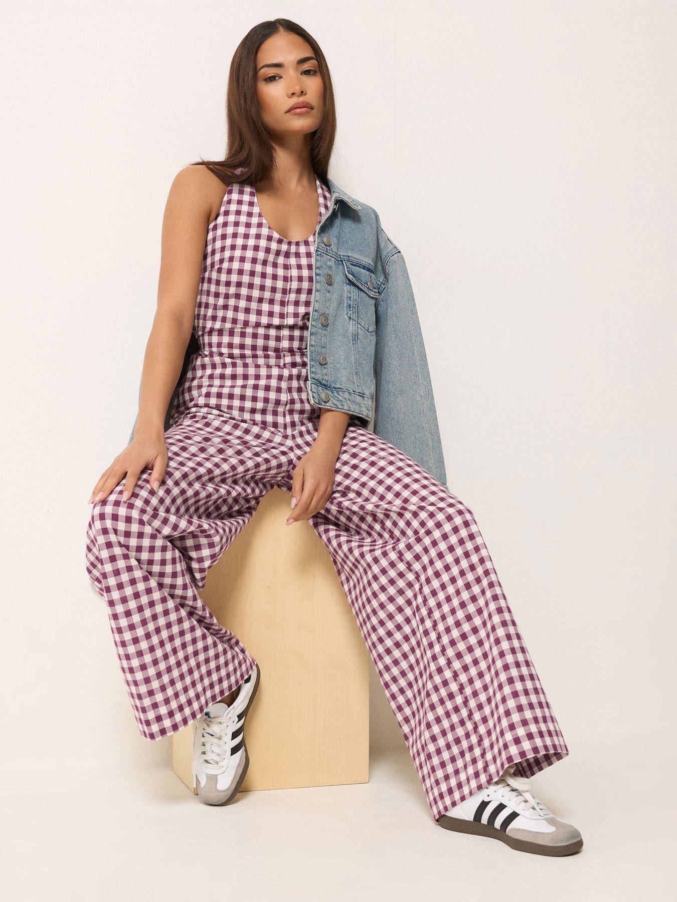 Image 3 of 5 of PixieGirl Petite Gingham Halter Wide Leg Jumpsuit - Purple