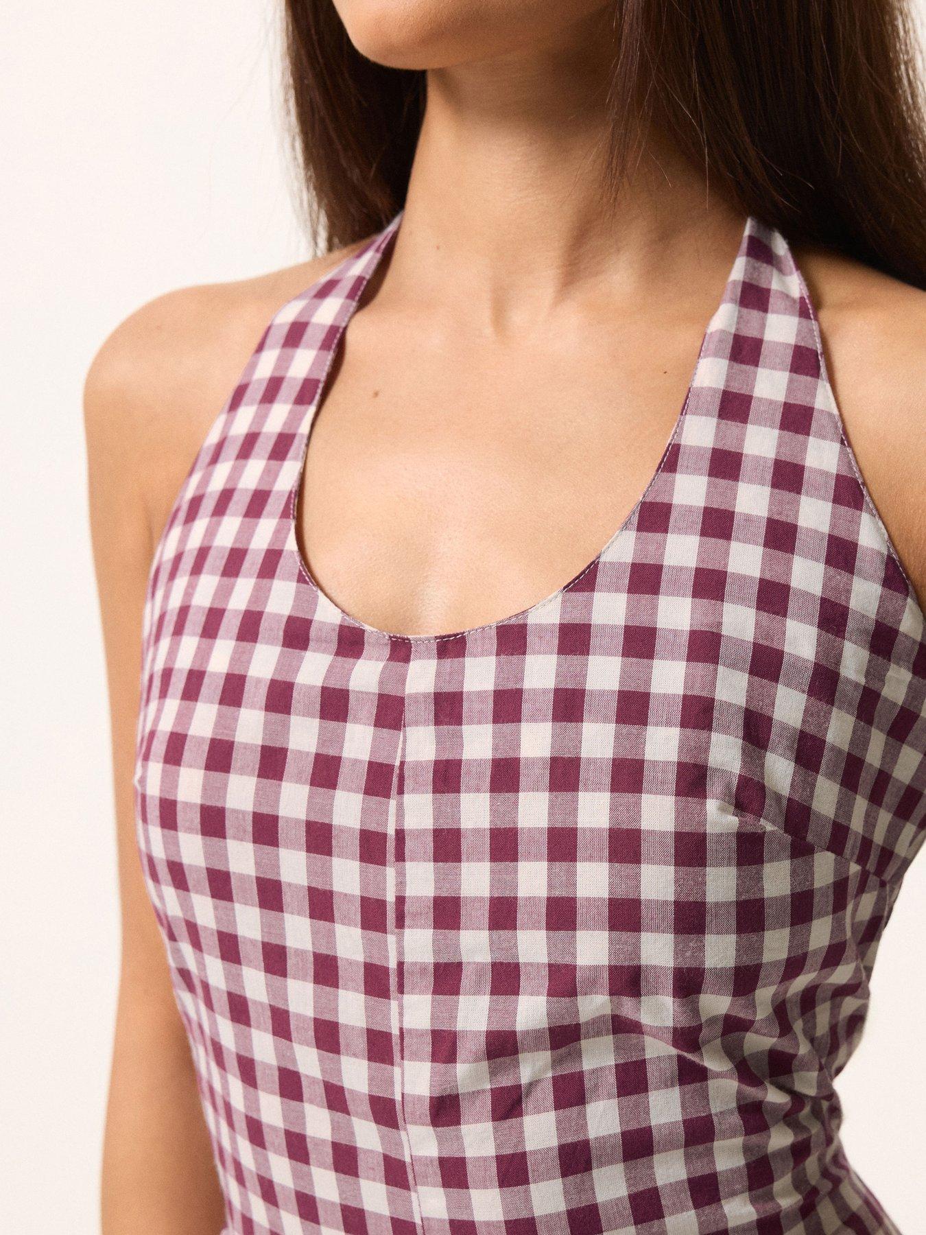 Image 4 of 5 of PixieGirl Petite Gingham Halter Wide Leg Jumpsuit - Purple