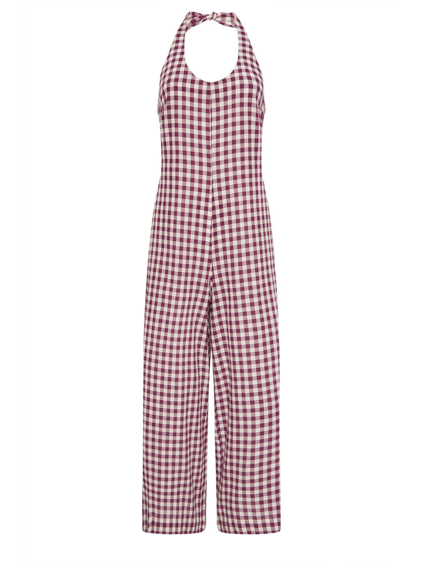 Image 5 of 5 of PixieGirl Petite Gingham Halter Wide Leg Jumpsuit - Purple