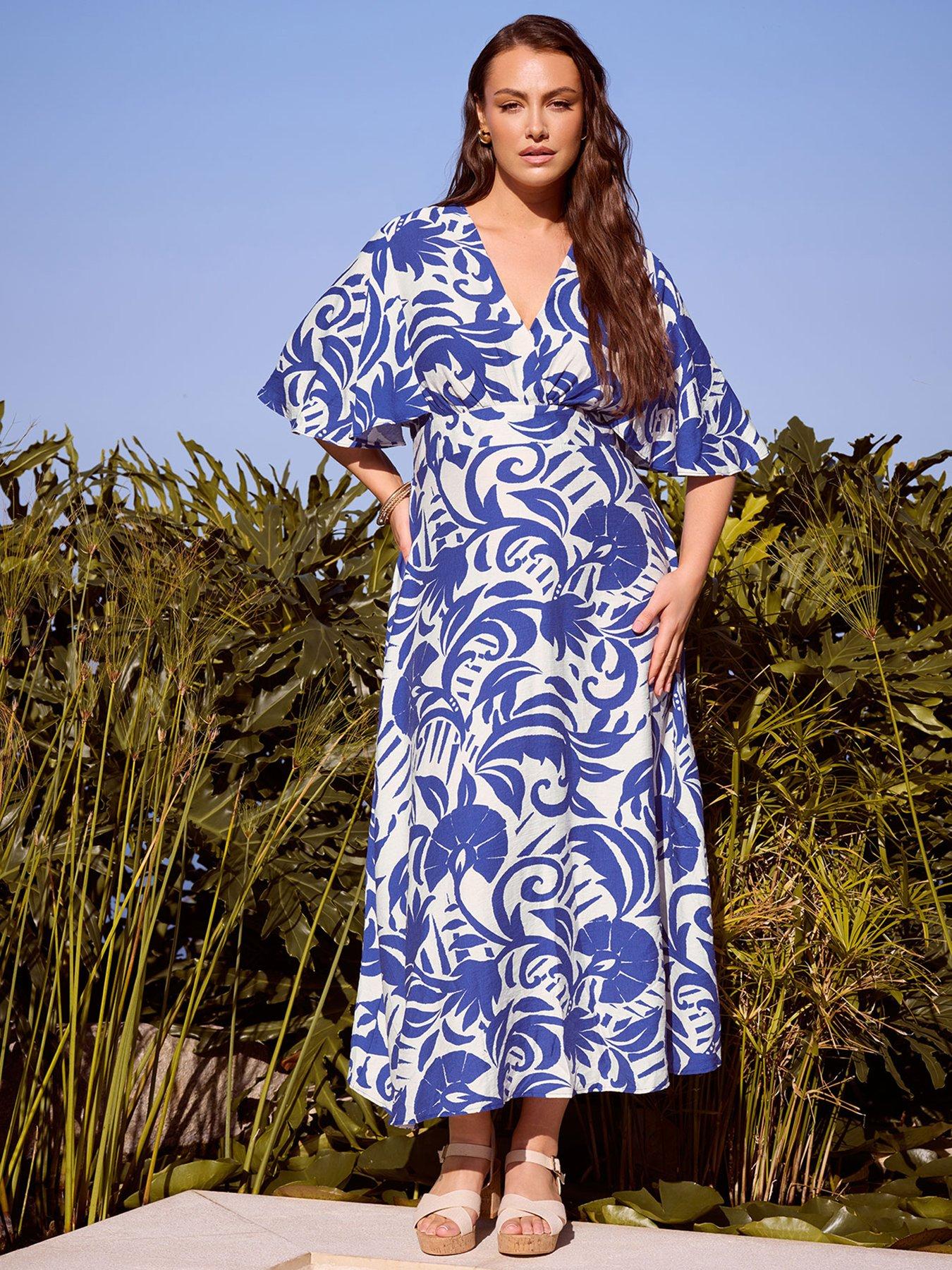 Yours Curve Linen Look Kimono Wrap Dress - Blue