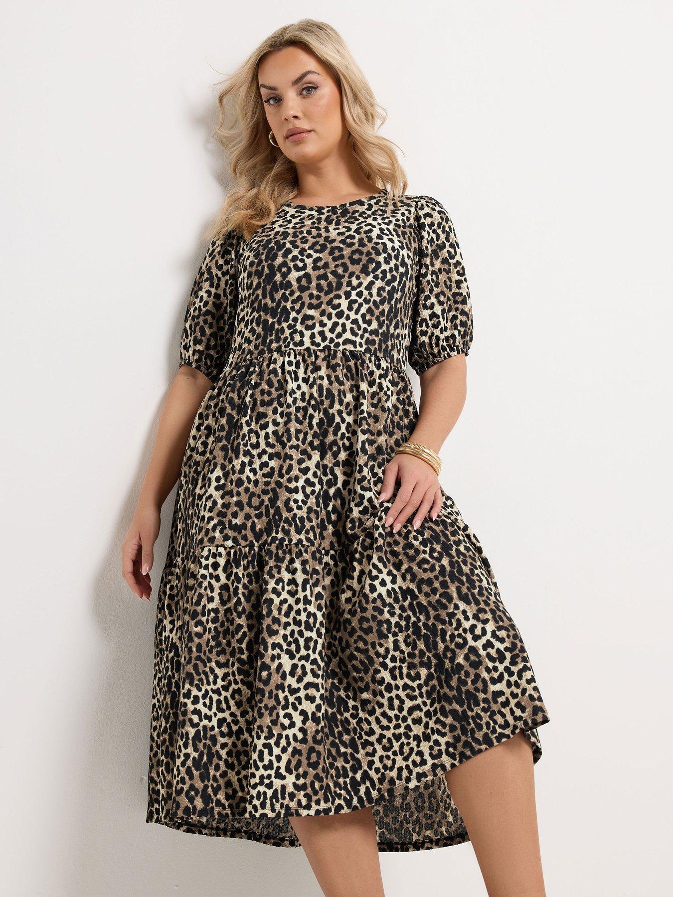 Yours Curve Puff Sleeve Tiered Leopard Dress - Print