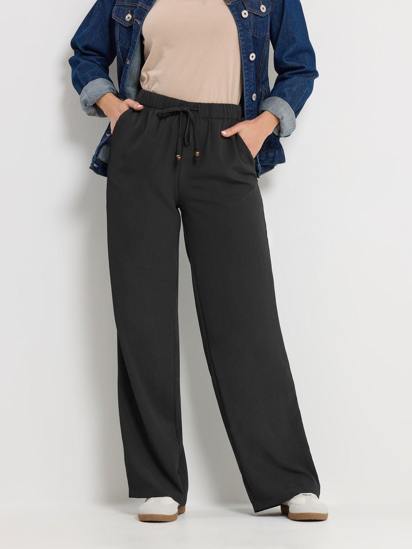 Long Tall Sally Textured Wide Leg Trousers 34" - Black