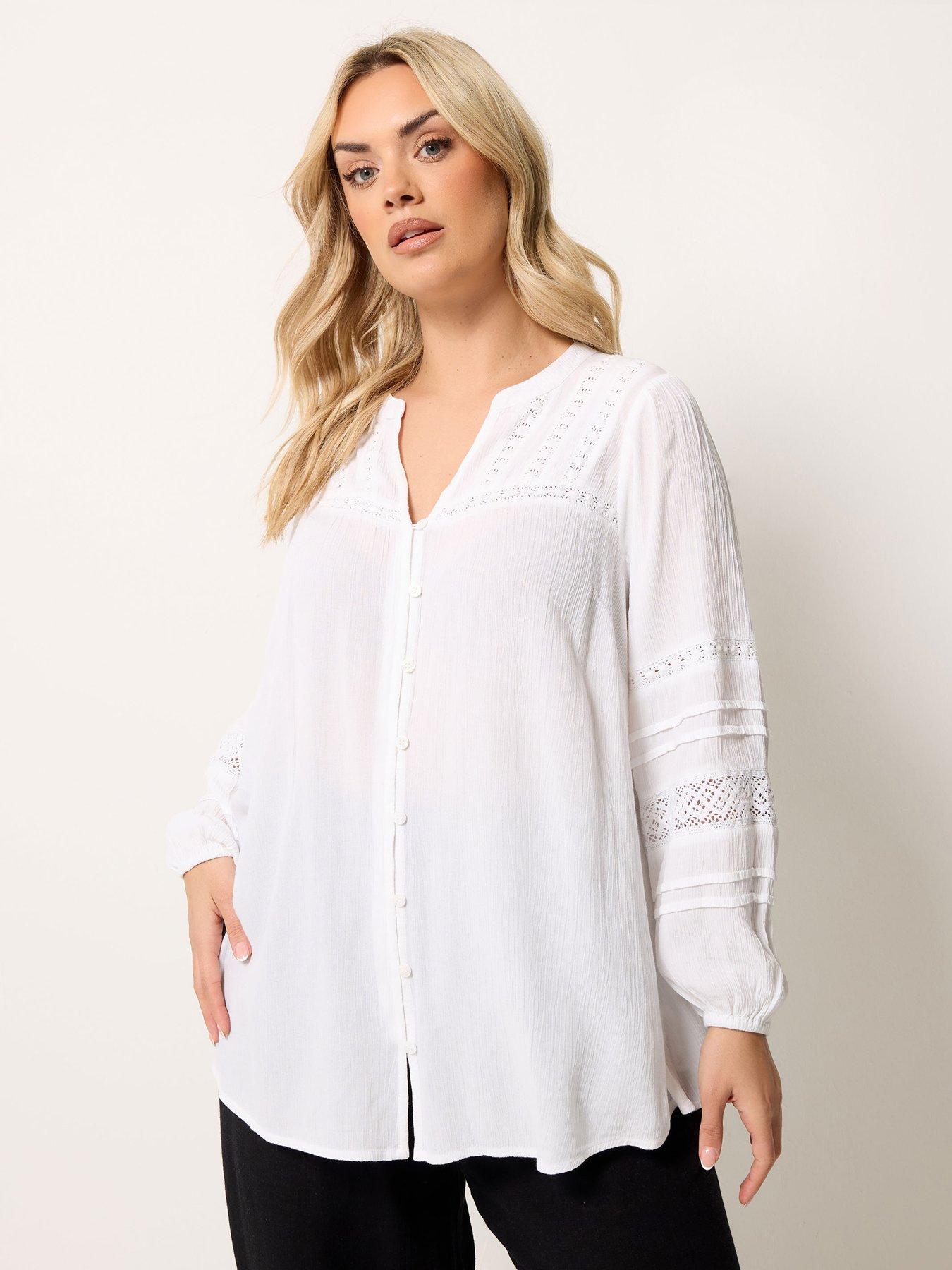 Image 1 of 5 of Yours Curve Crochet Sleeve Crinkle Notchneck Top - White