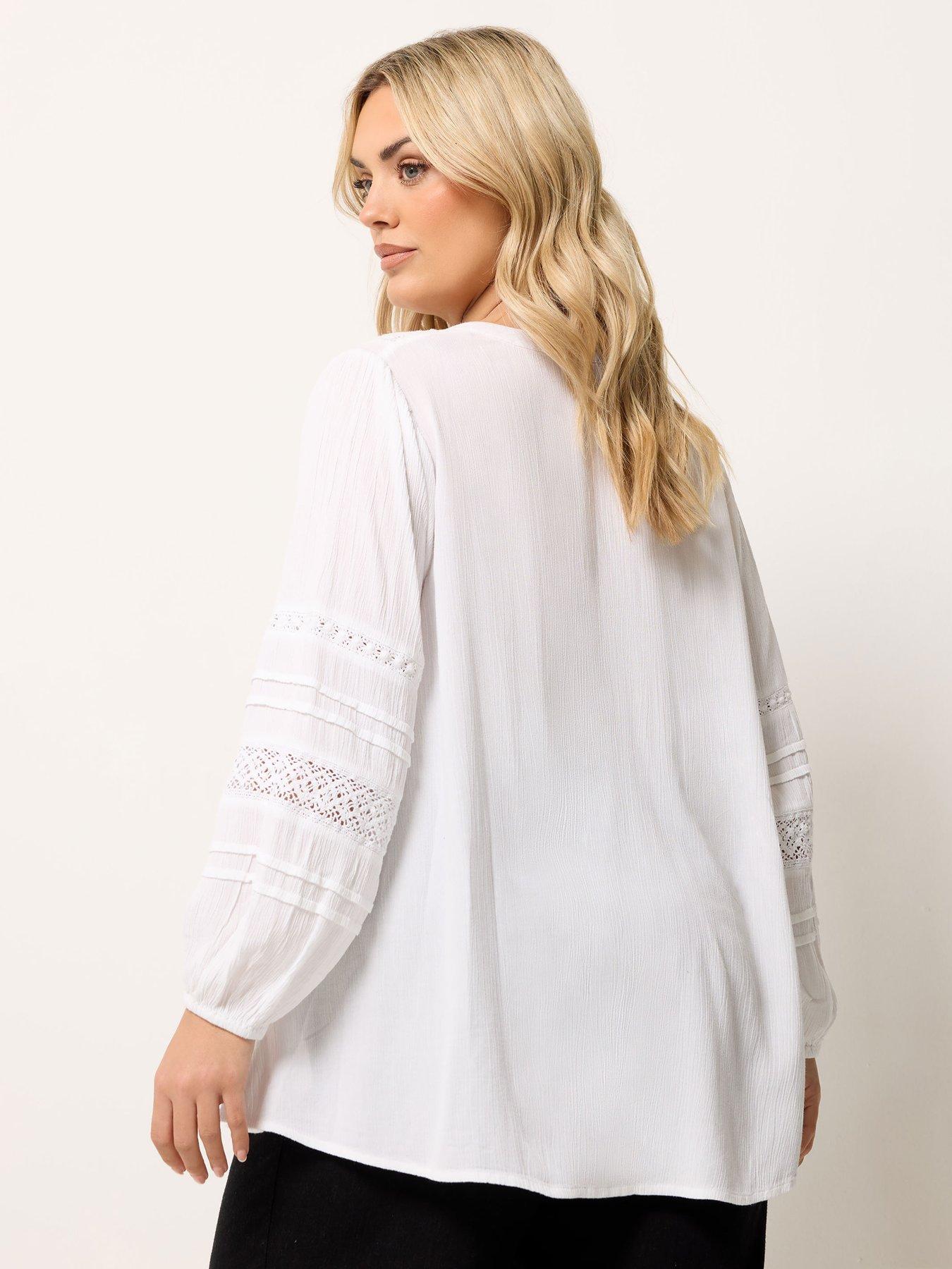 Image 2 of 5 of Yours Curve Crochet Sleeve Crinkle Notchneck Top - White