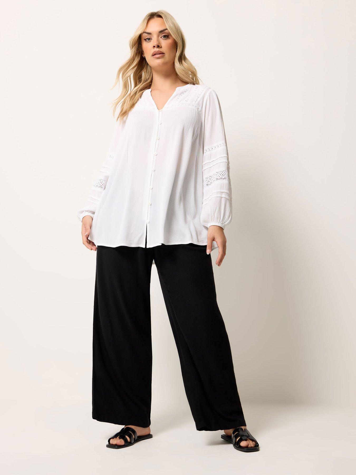 Image 3 of 5 of Yours Curve Crochet Sleeve Crinkle Notchneck Top - White