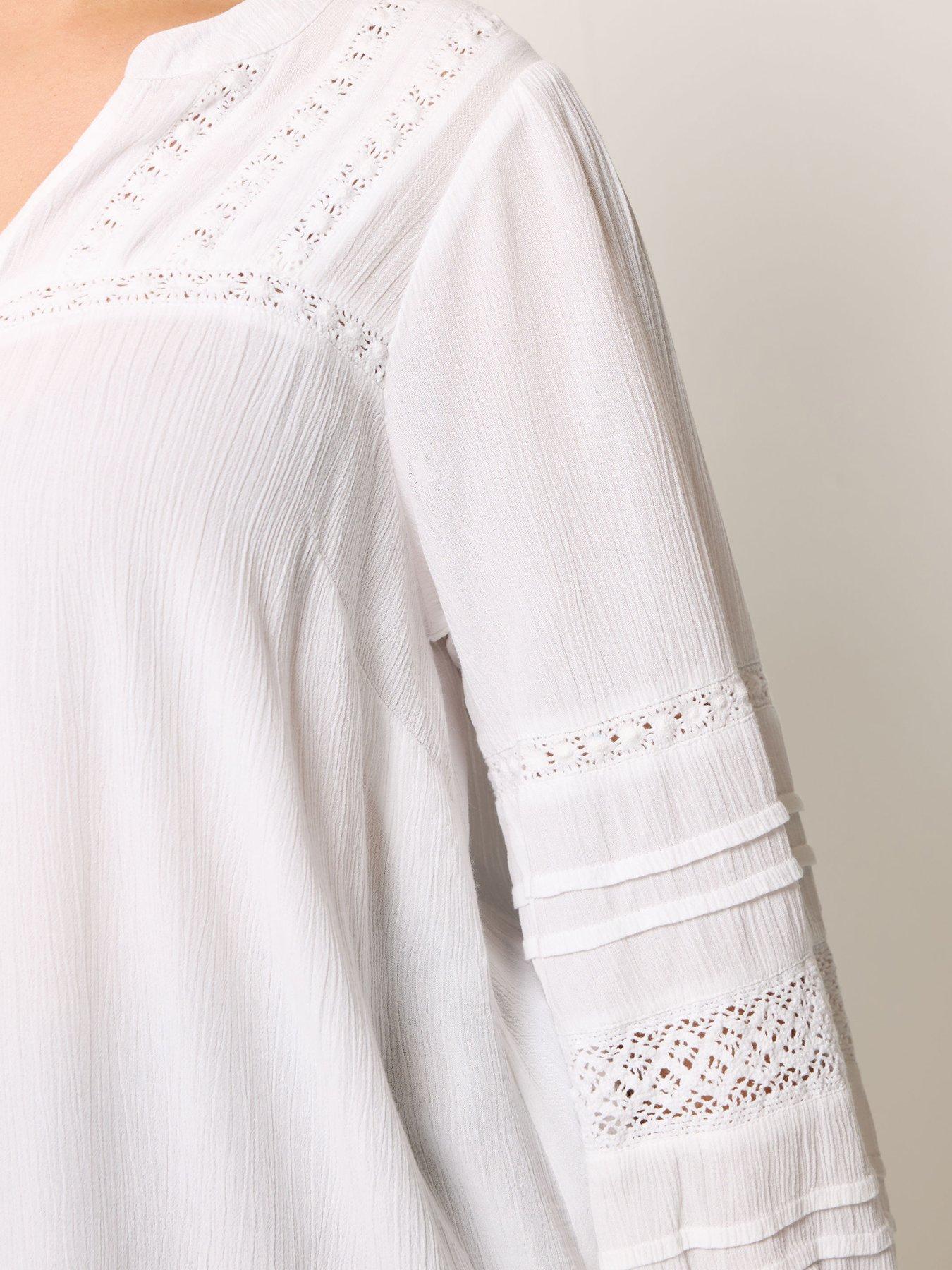 Image 4 of 5 of Yours Curve Crochet Sleeve Crinkle Notchneck Top - White
