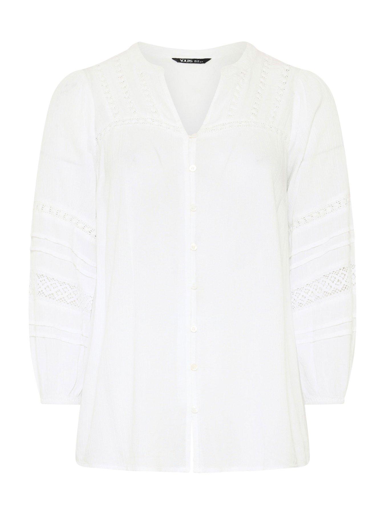 Image 5 of 5 of Yours Curve Crochet Sleeve Crinkle Notchneck Top - White