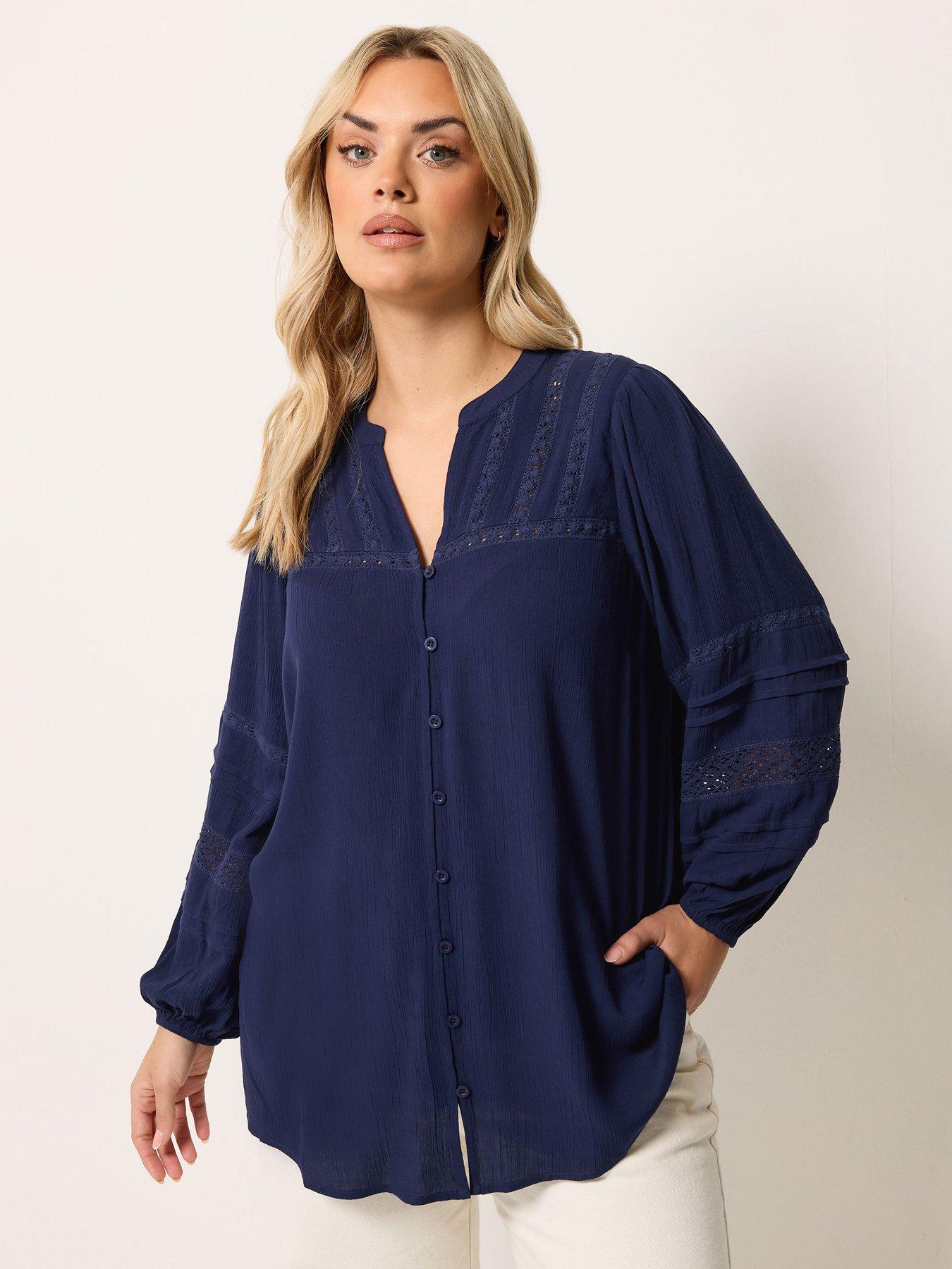 Yours Curve Crochet Sleeve Crinkle Notchneck Top - Blue