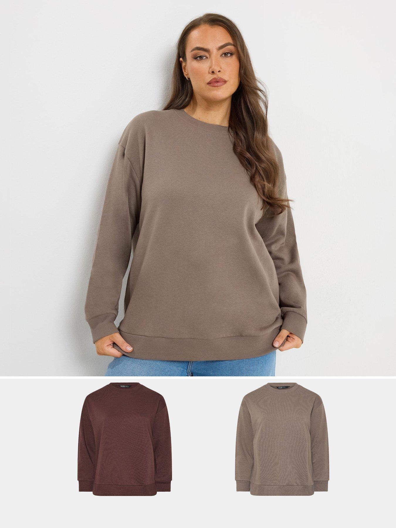Image 1 of 6 of Yours Curve 2 Pack Crew Neck Sweatshirts - Brown