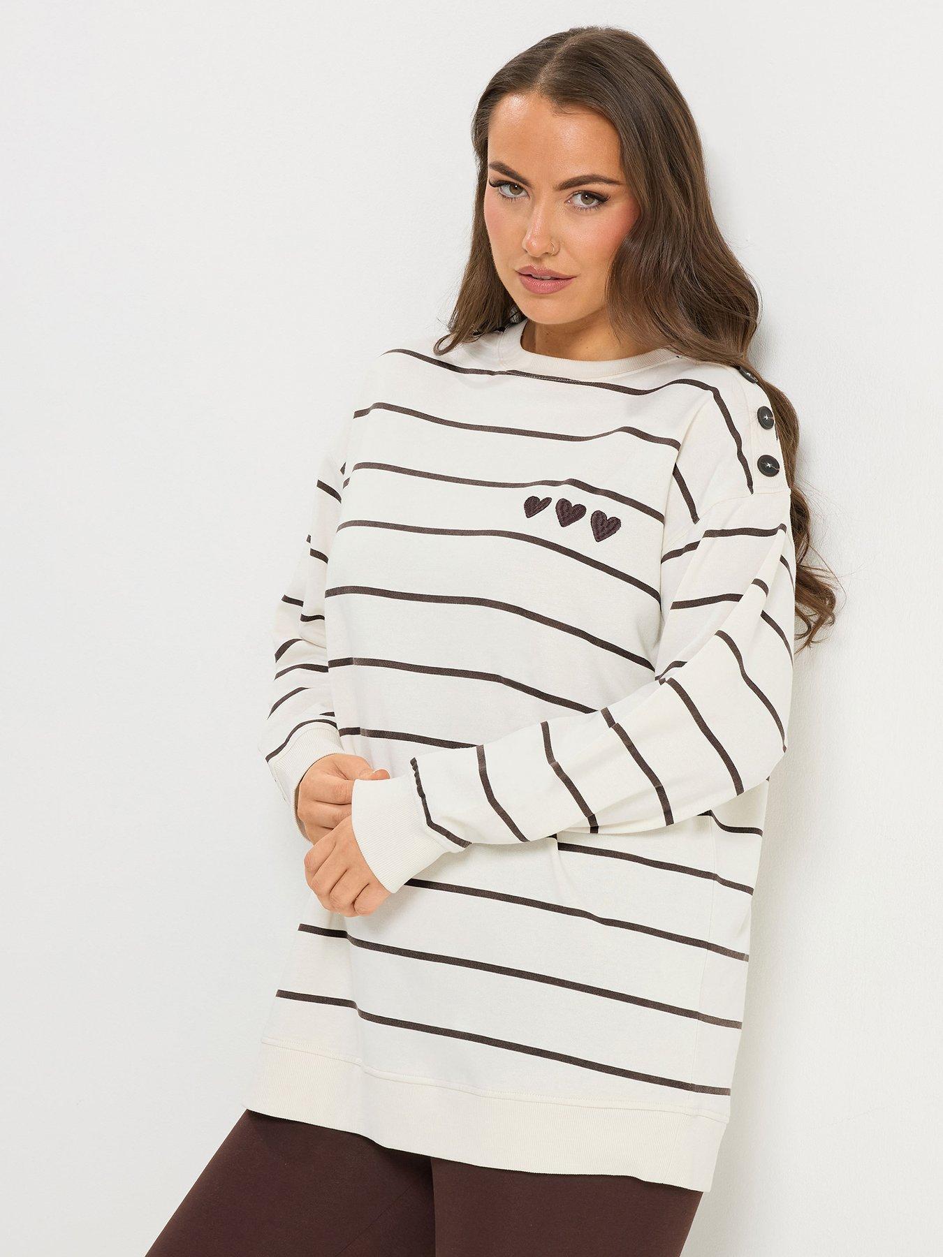Yours Curve Stripe Crew Neck Sweatshirt - Brown