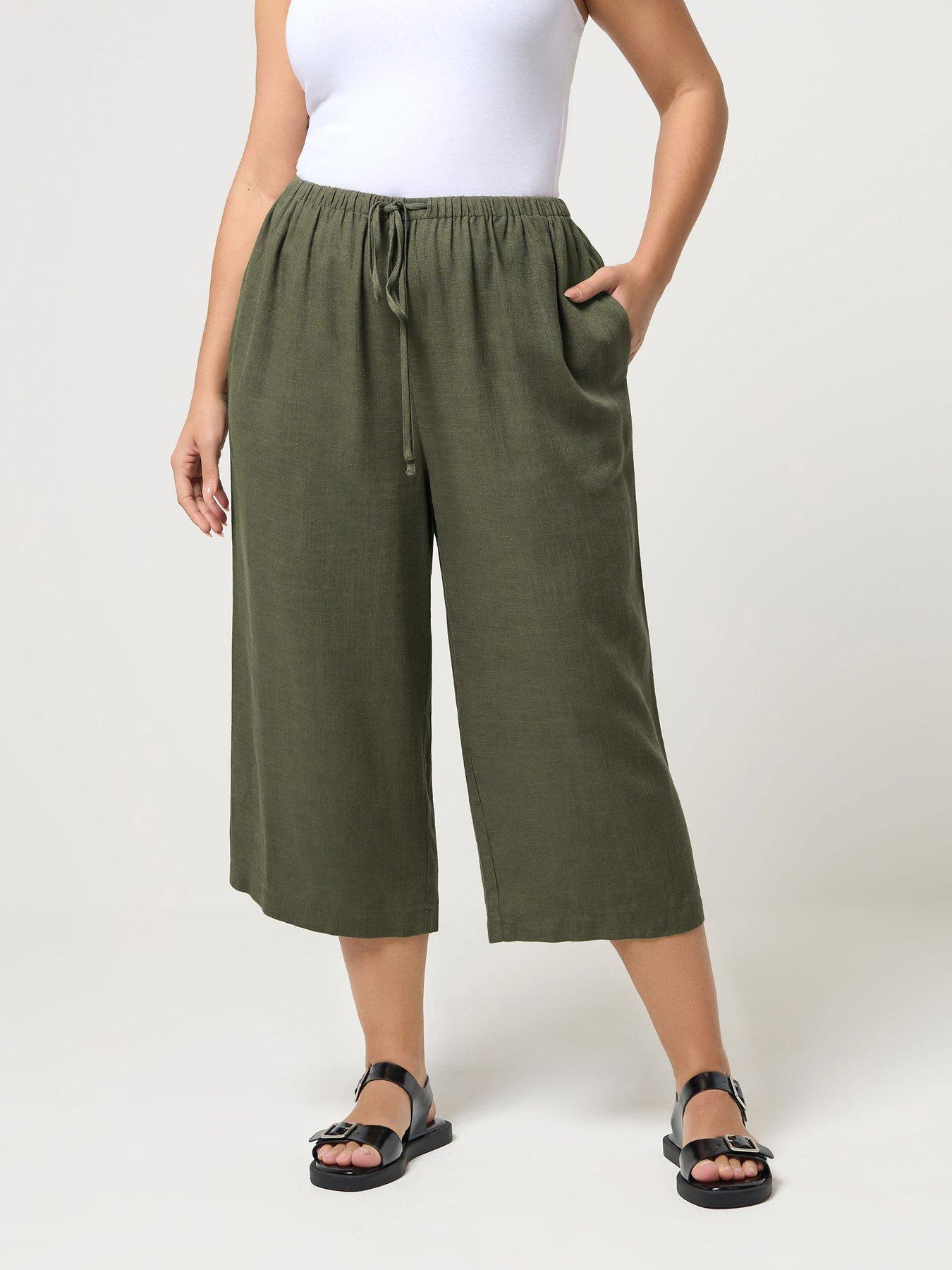 Yours Curve Linen Skinny Waist Crop Trouser - Green