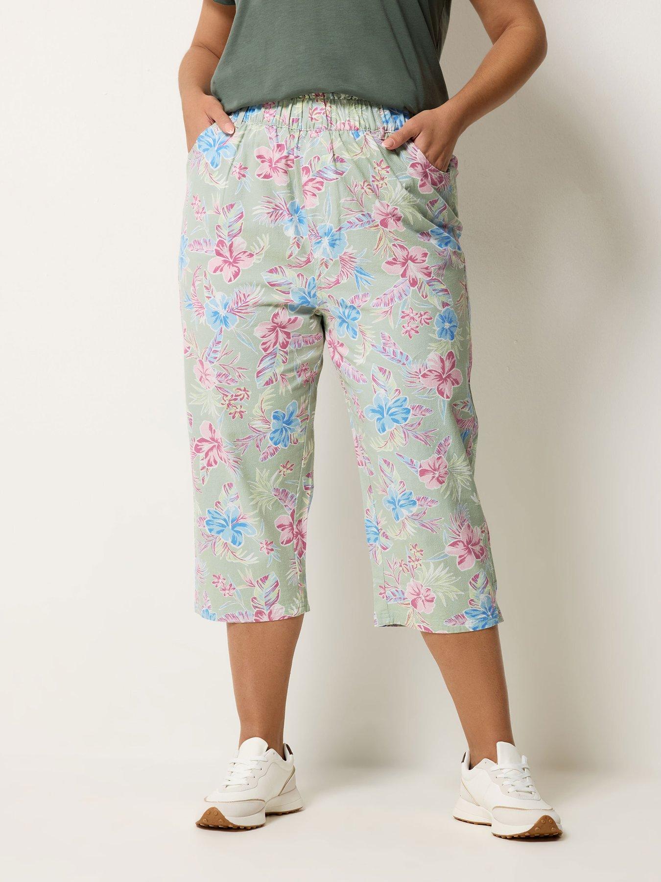 Yours Curve Cool Cotton Tropical Print Crop Trousers - Green
