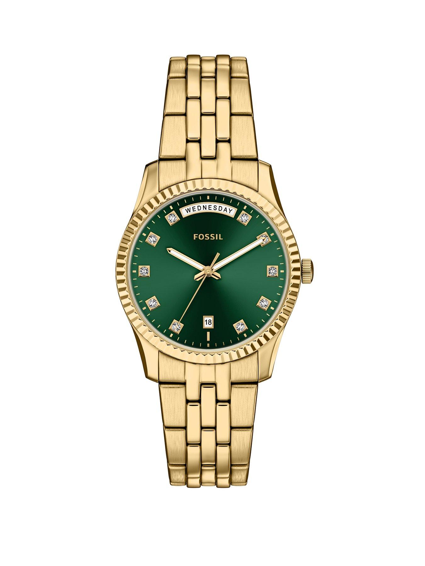 Fossil Womens Scarlette Three-Hand Day-Date Gold-Tone Stainless Steel Watch, ES5460