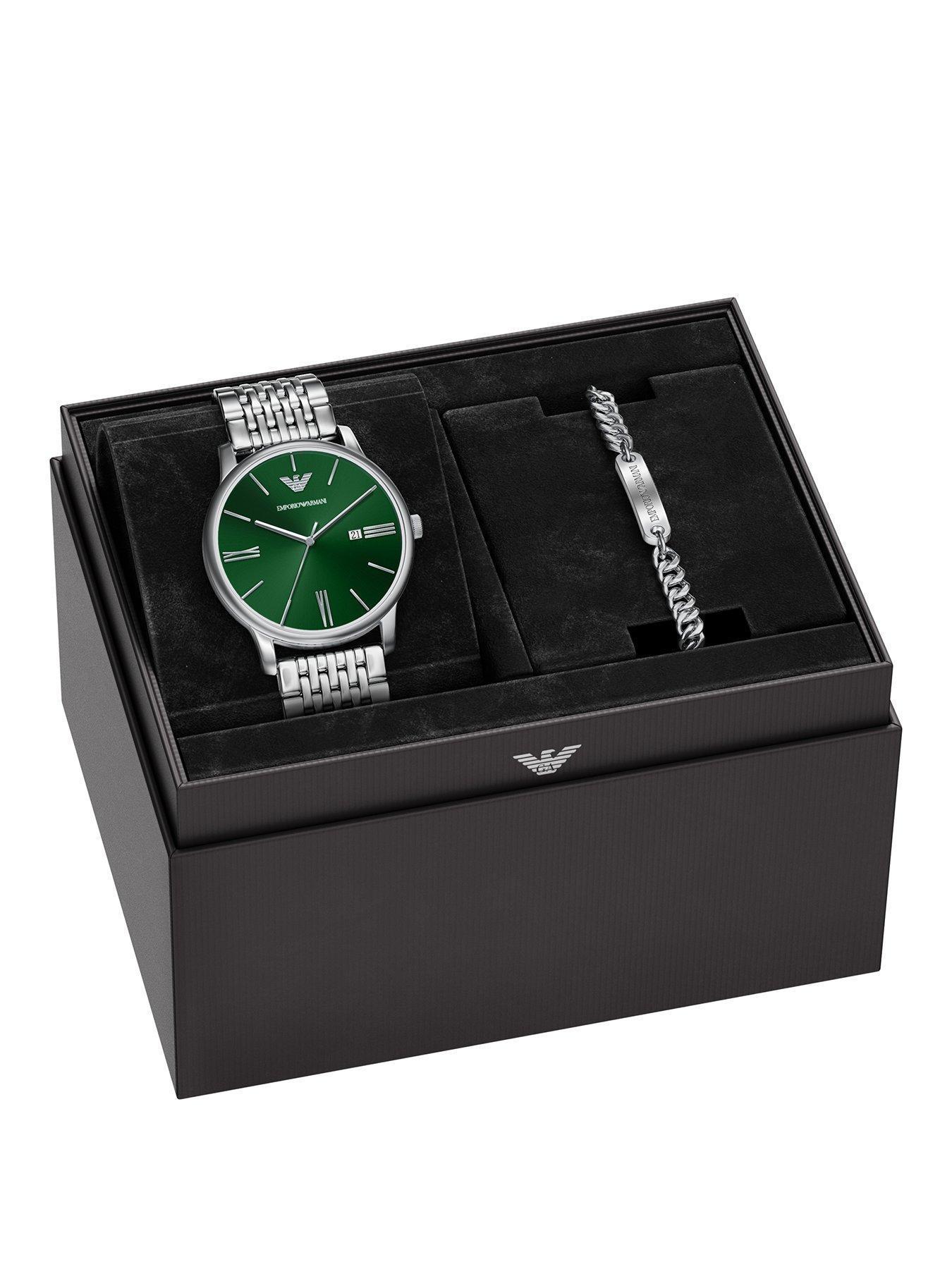 Emporio Armani Mens Three-Hand Date Stainless Steel Watch and Bracelet Set, AR80087SET