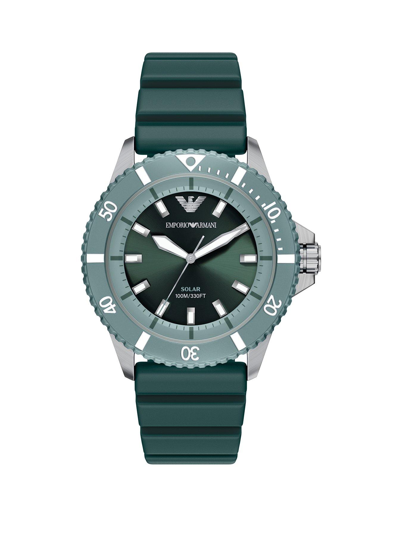 Emporio Armani Mens World Explorer Solar-Powered Three-Hand Green Silicone Watch, AR11786