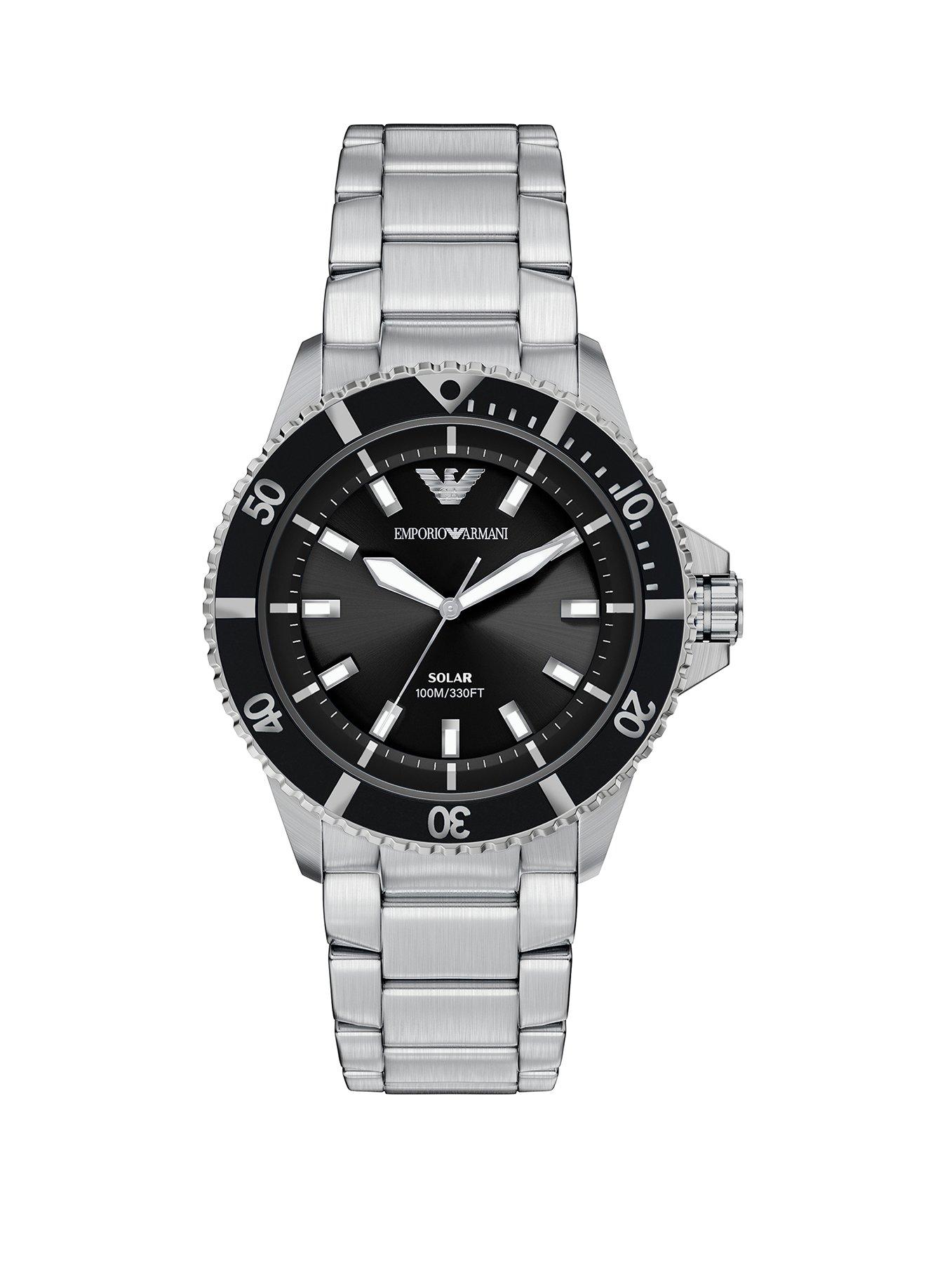 Emporio Armani Mens World Explorer Solar-Powered Three-Hand Stainless Steel Watch, AR11787, Silver, Men
