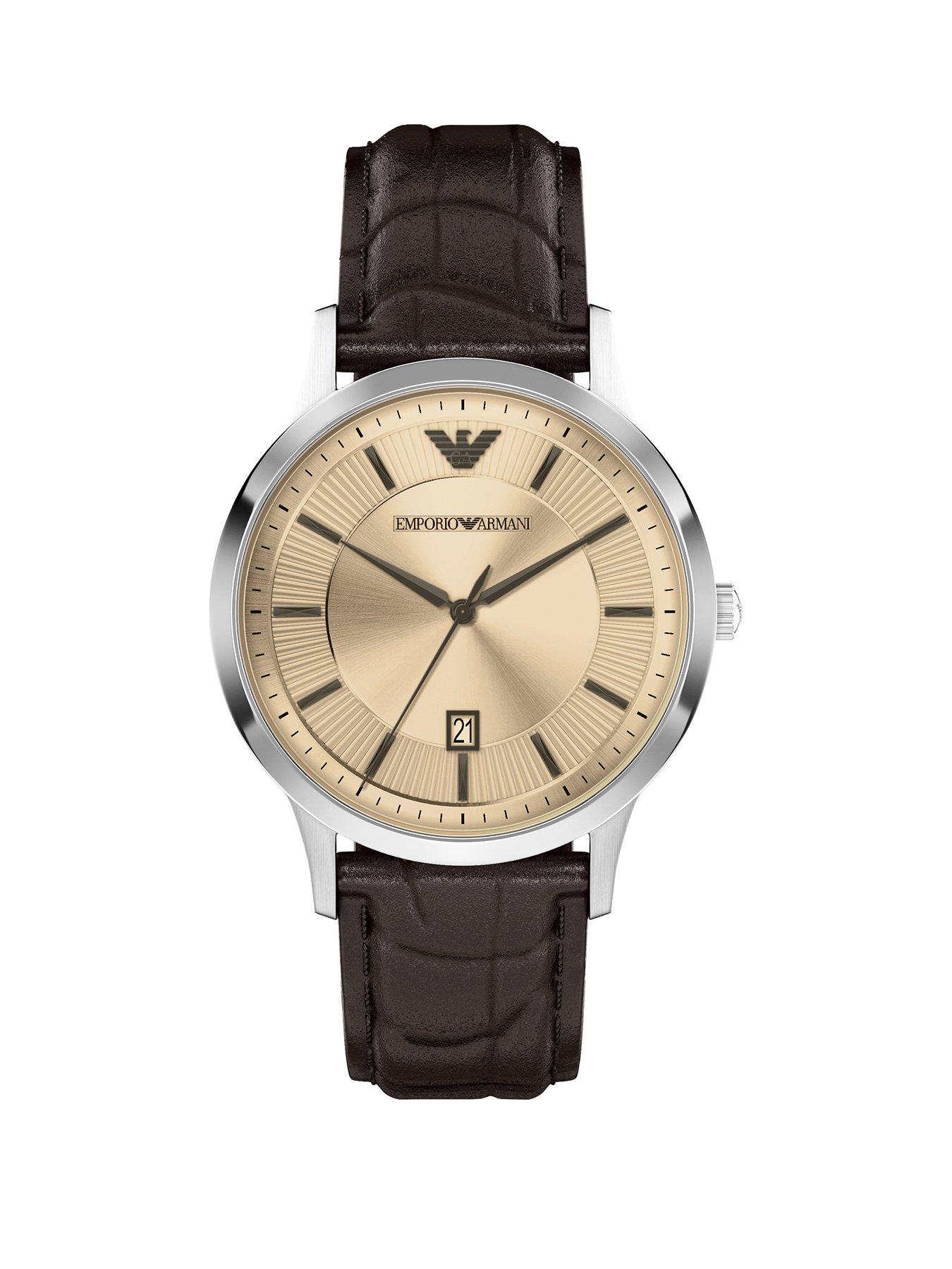 Emporio Armani Mens Three-Hand Date Brown Leather Watch, AR11783