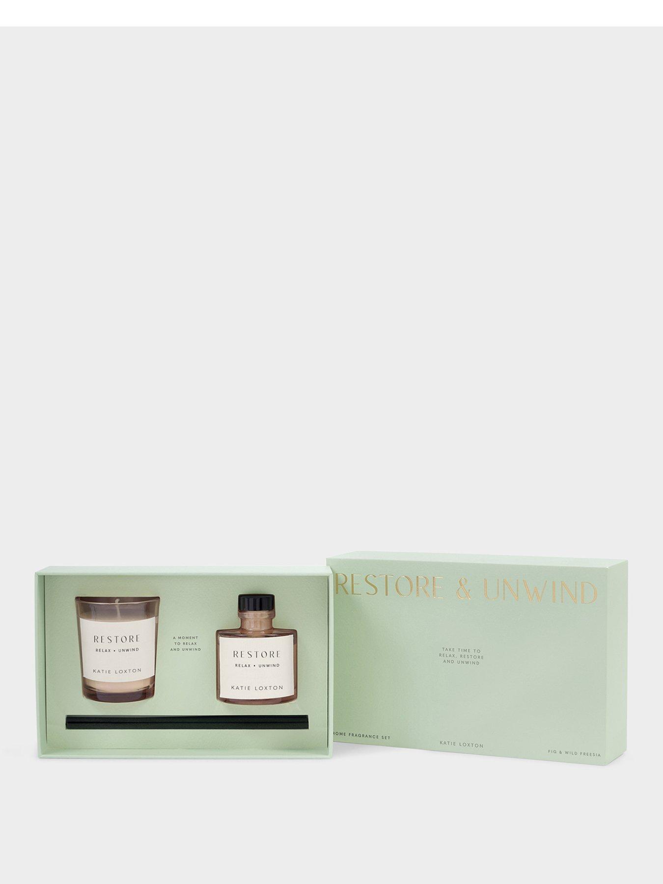 Katie Loxton MINI VOTIVE AND MINI REED DIFFUSER GIFT SET |  UNWIND & RESTORE | Fresh Fig & Wild Freesia | 12.7cm x 19.7cm x 6cm