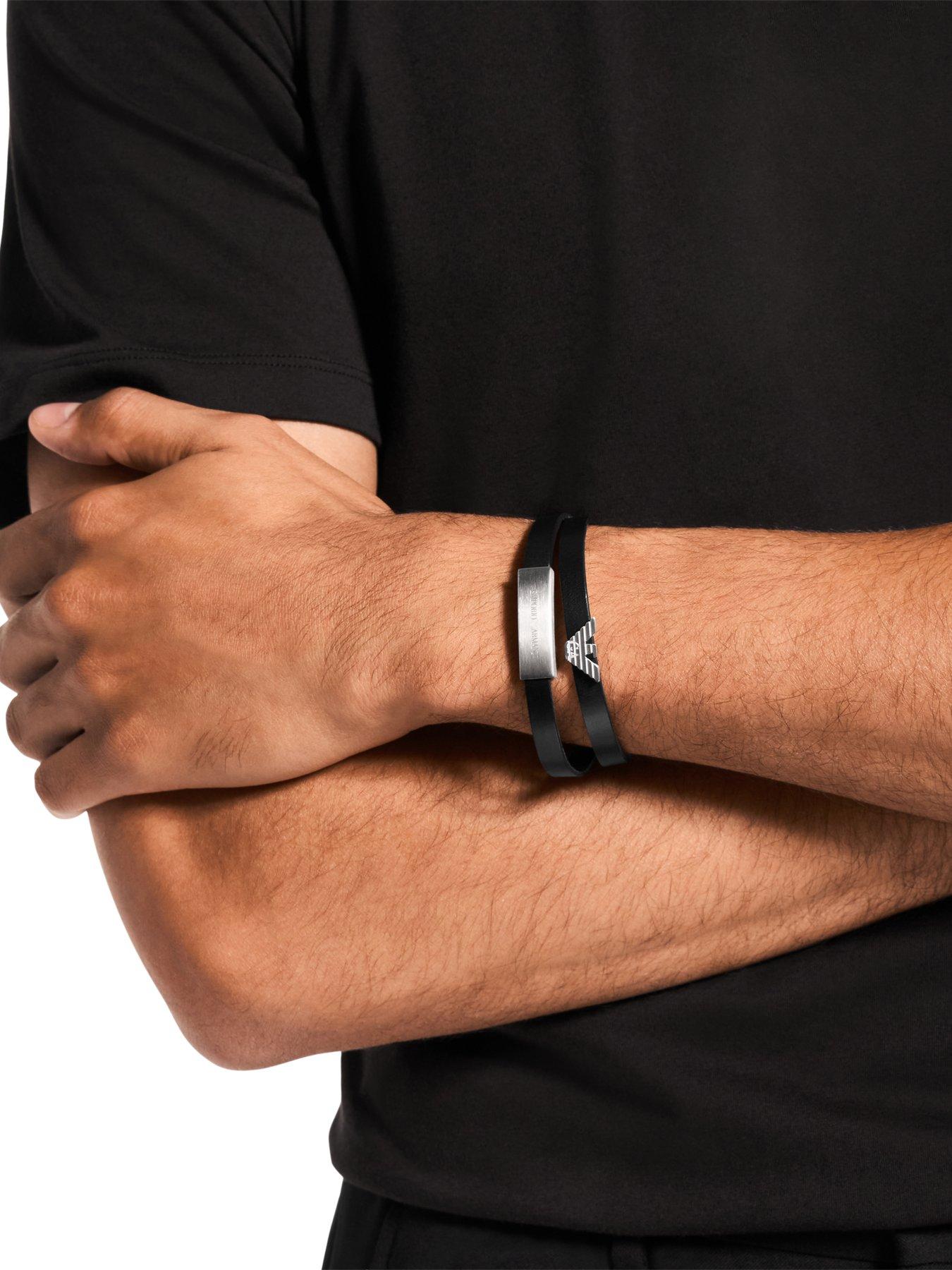Image 3 of 4 of Emporio Armani Mens Silver-Tone Leather ID Bracelet, EGS3311040