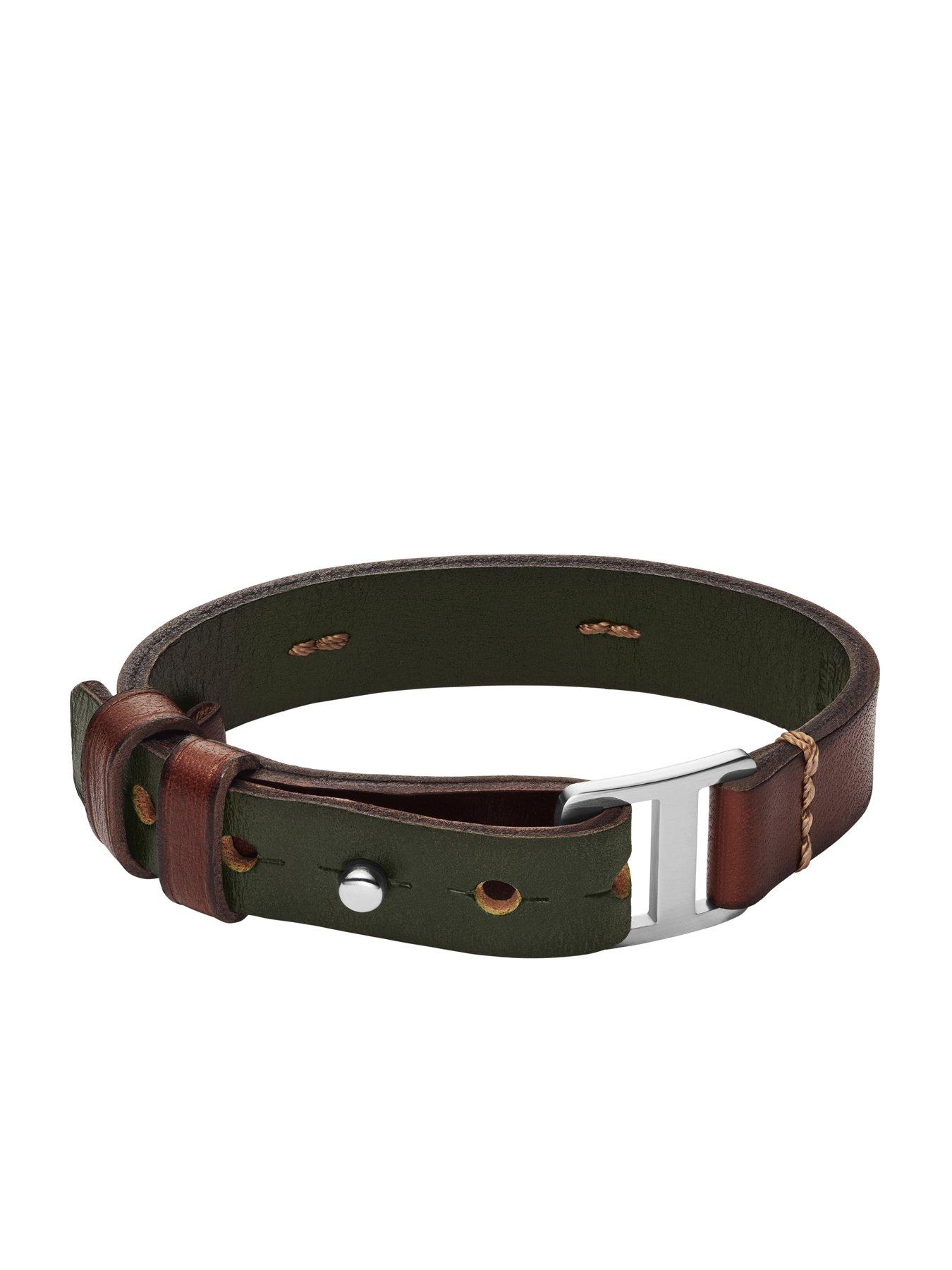 Fossil Mens Machine Rugged Green and Brown Leather Strap Bracelet