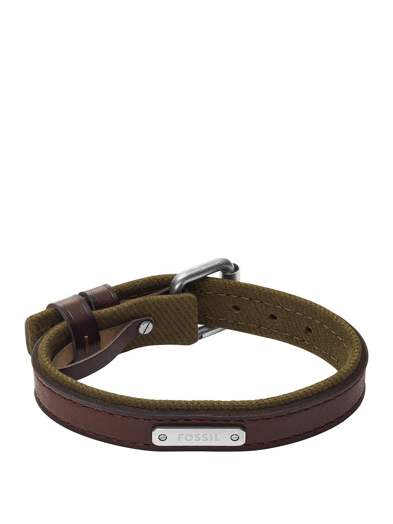 Fossil Mens Everett Colour Pop Green And Brown Leather Strap Bracelet, JA7315998