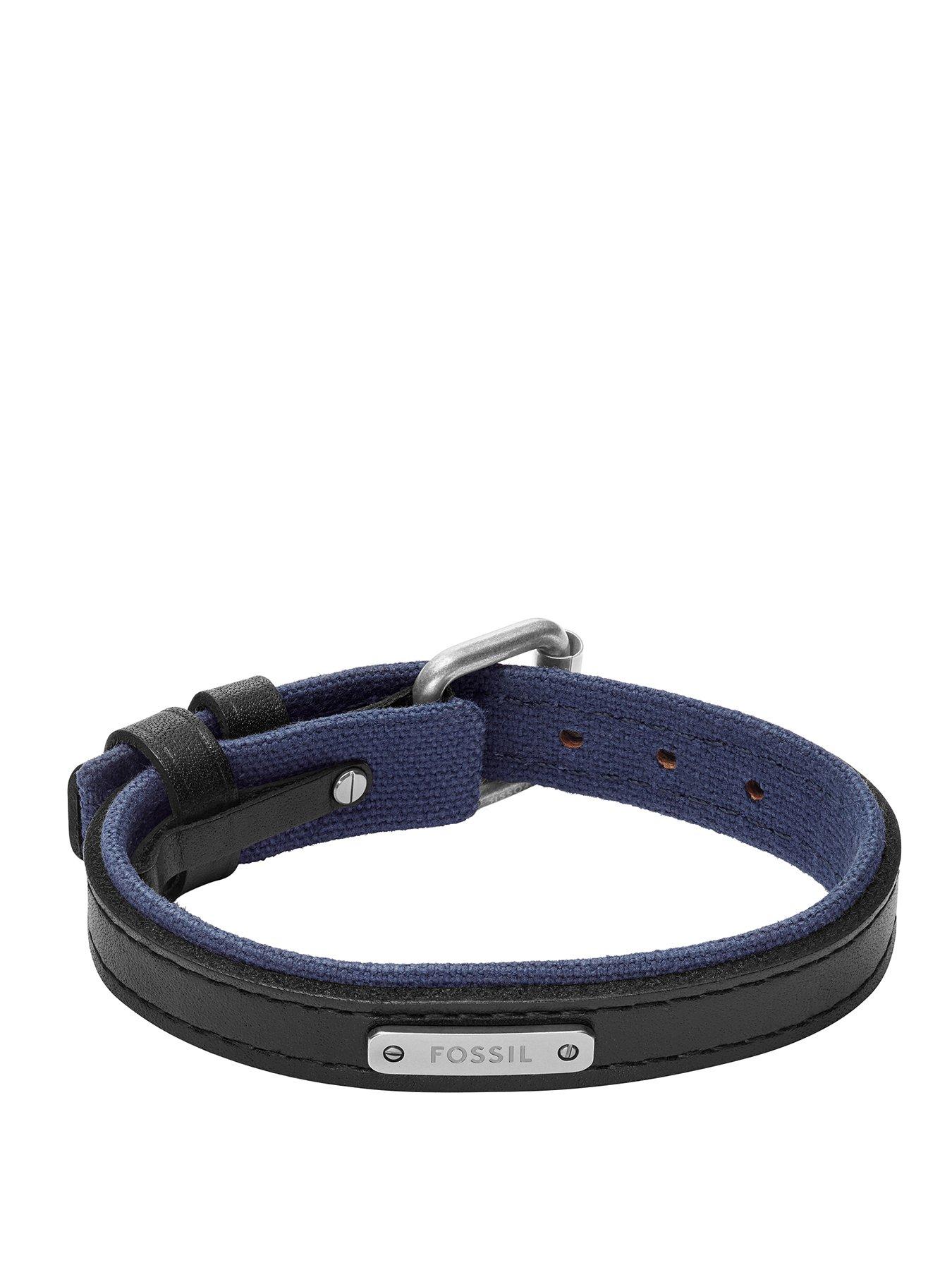 Fossil Mens Everett Colour Pop Midnight Blue and Black Leather Strap Bracelet, JA7316998