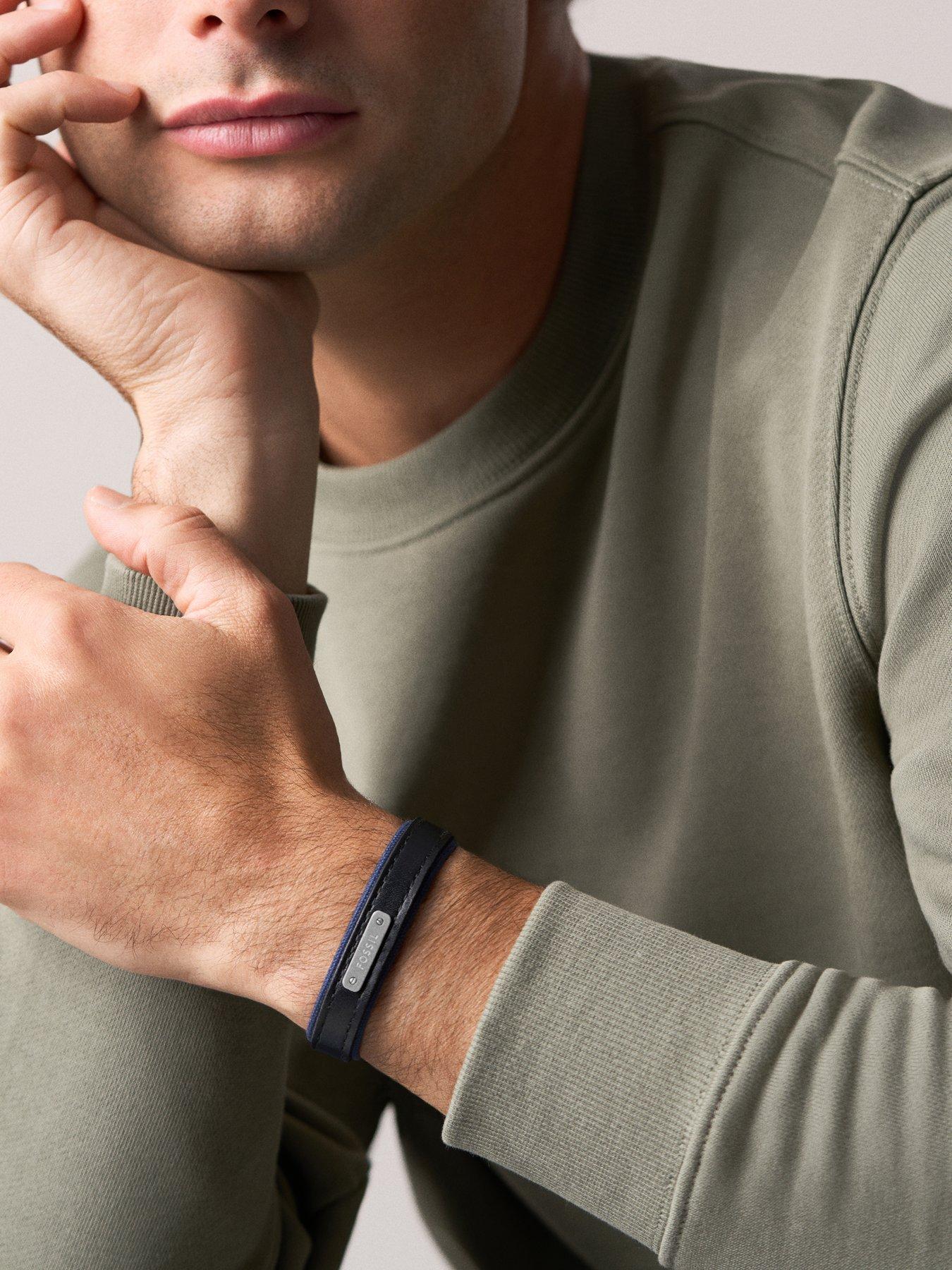 Image 3 of 5 of Fossil Mens Everett Colour Pop Midnight Blue and Black Leather Strap Bracelet, JA7316998