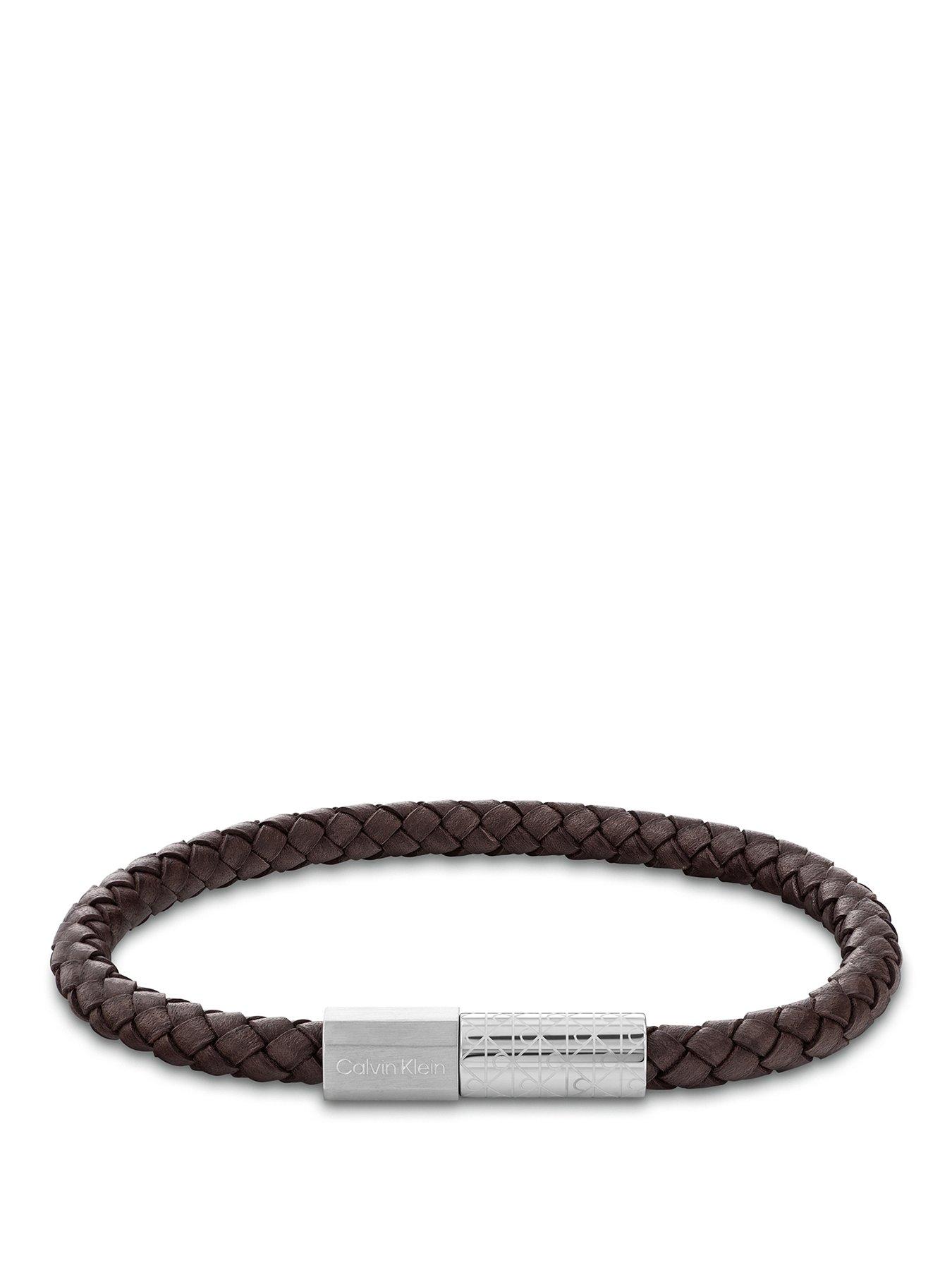 Image 1 of 4 of Calvin Klein Mens CK Industrial Facets Stainless Steel &amp; Brown Leather Bracelet