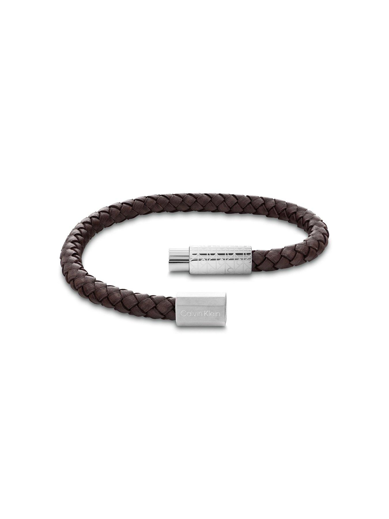 Image 2 of 4 of Calvin Klein Mens CK Industrial Facets Stainless Steel &amp; Brown Leather Bracelet