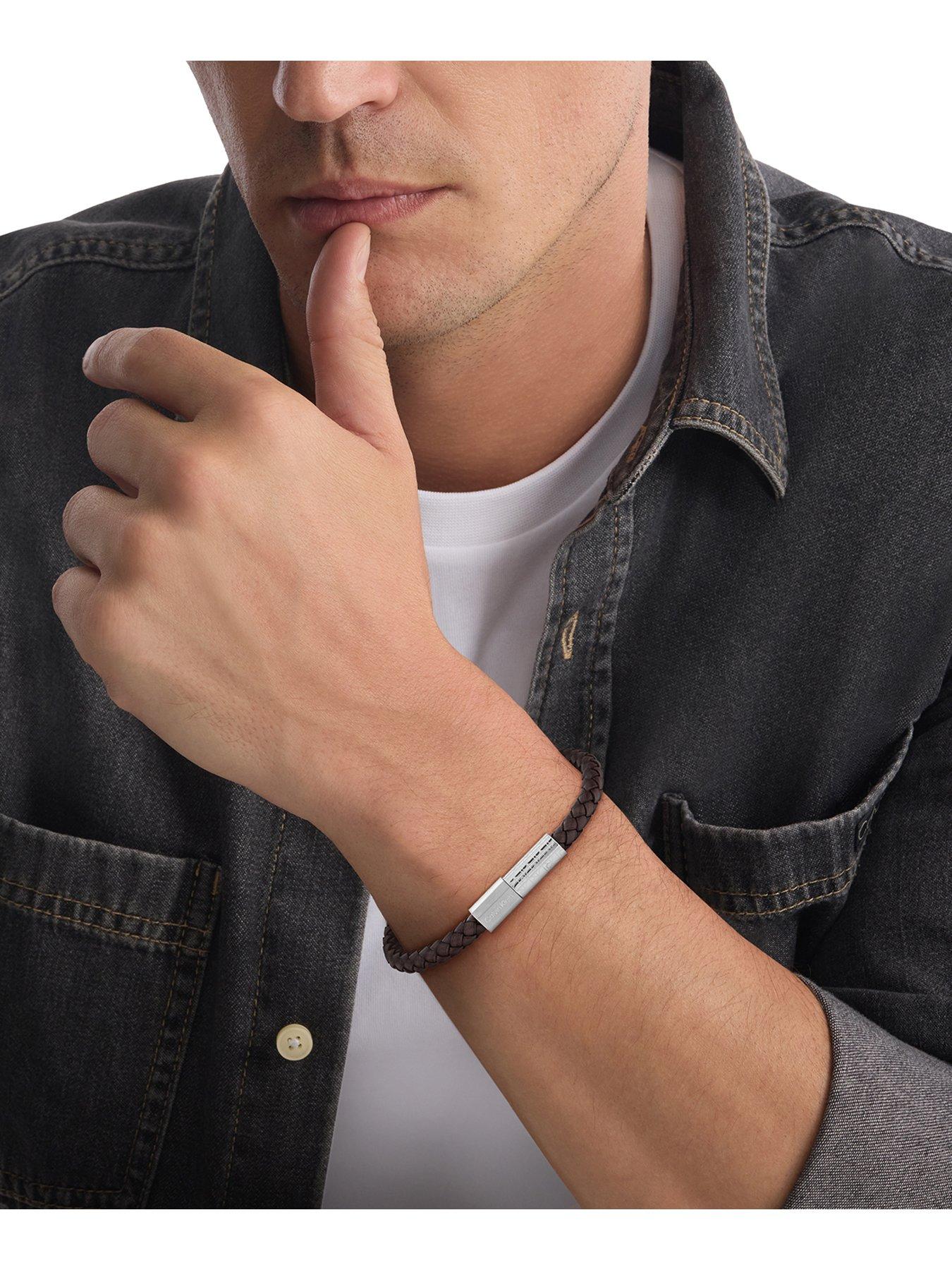Image 3 of 4 of Calvin Klein Mens CK Industrial Facets Stainless Steel &amp; Brown Leather Bracelet