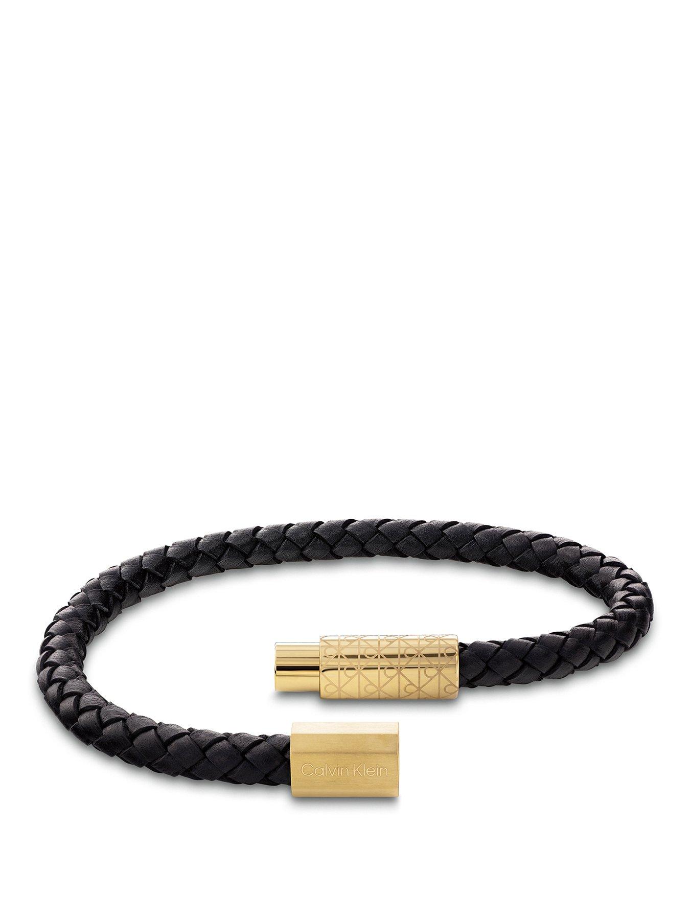 Calvin Klein Mens CK Industrial Facets Gold Plated & Black Leather Bracelet