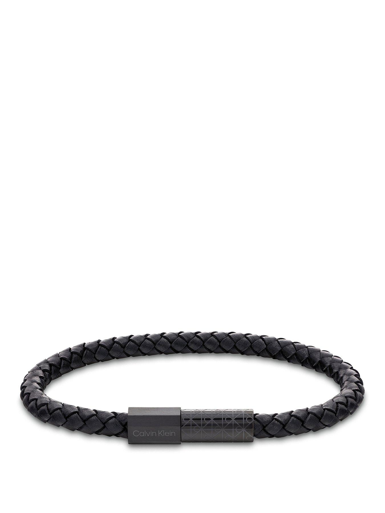 Calvin Klein Mens CK Industrial Facets Gunmetal & Black Leather Bracelet