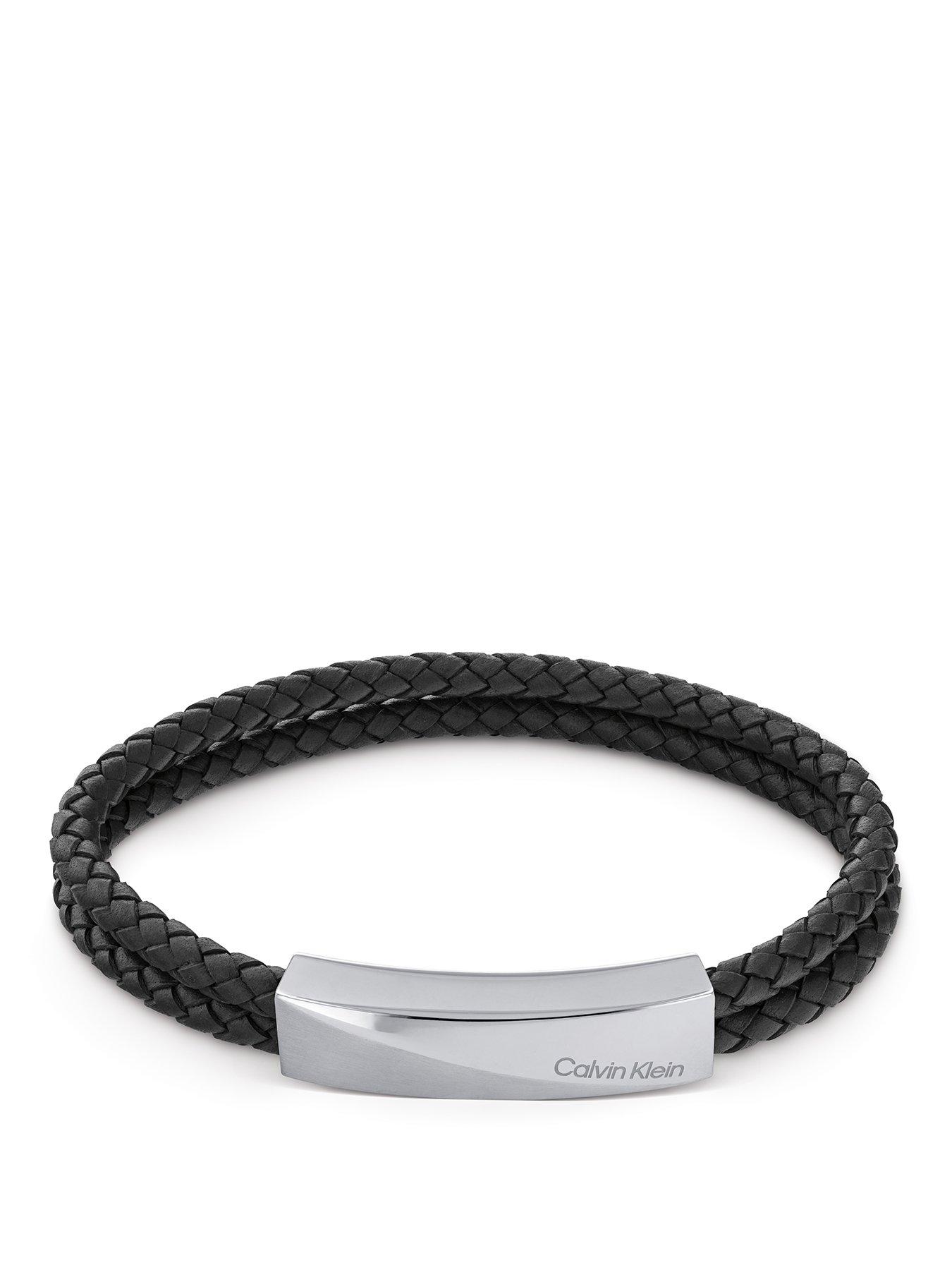 Calvin Klein Gents Calvin Klein black leather and stainless steel double strand  bracelet