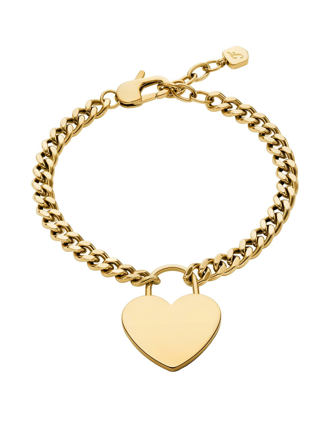 Fossil Womens Sutton Gold-Tone Stainless Steel Heart Bracelet, JF04959710