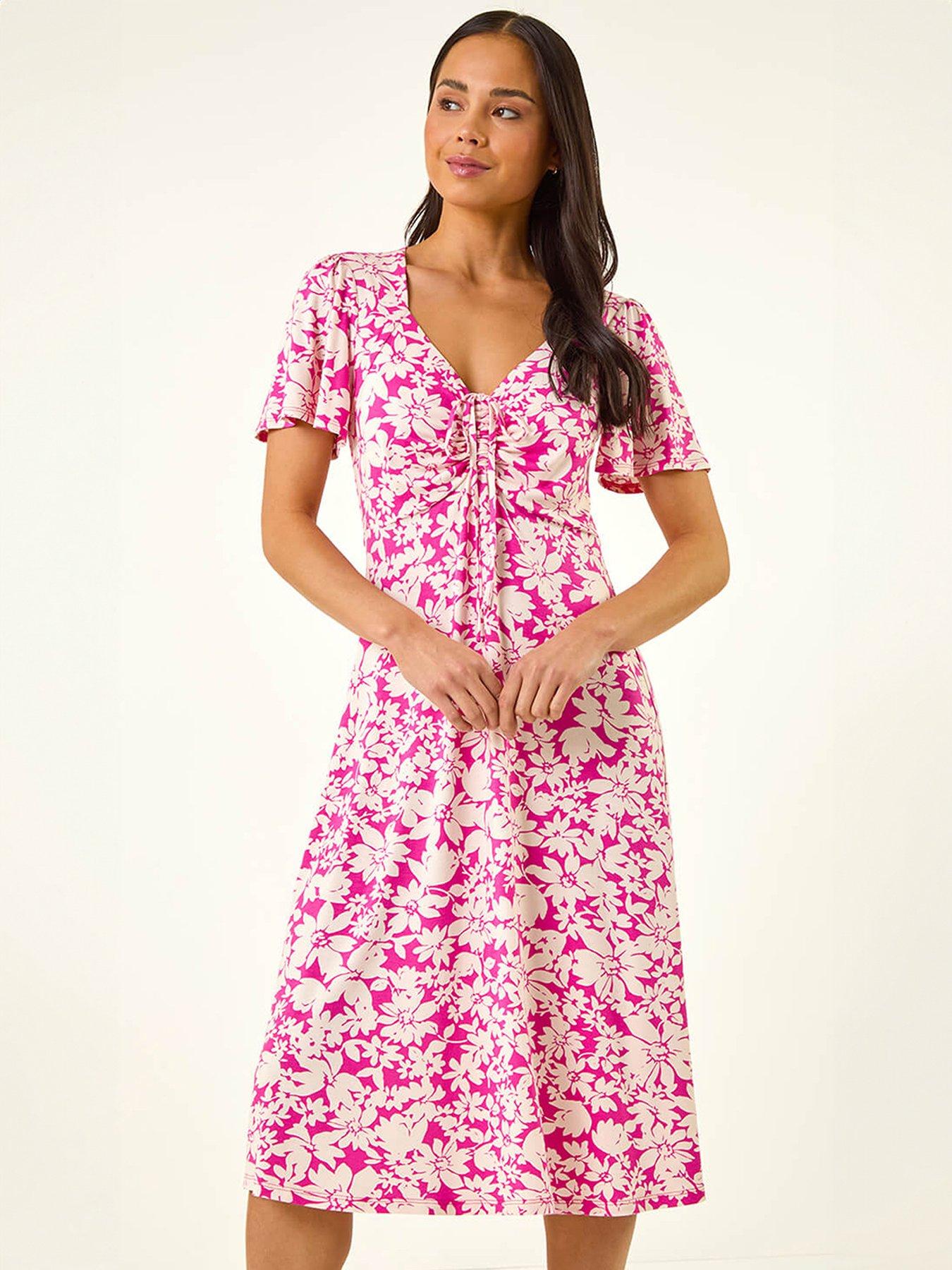 Roman Petite Floral Print Ruched Midi Dress