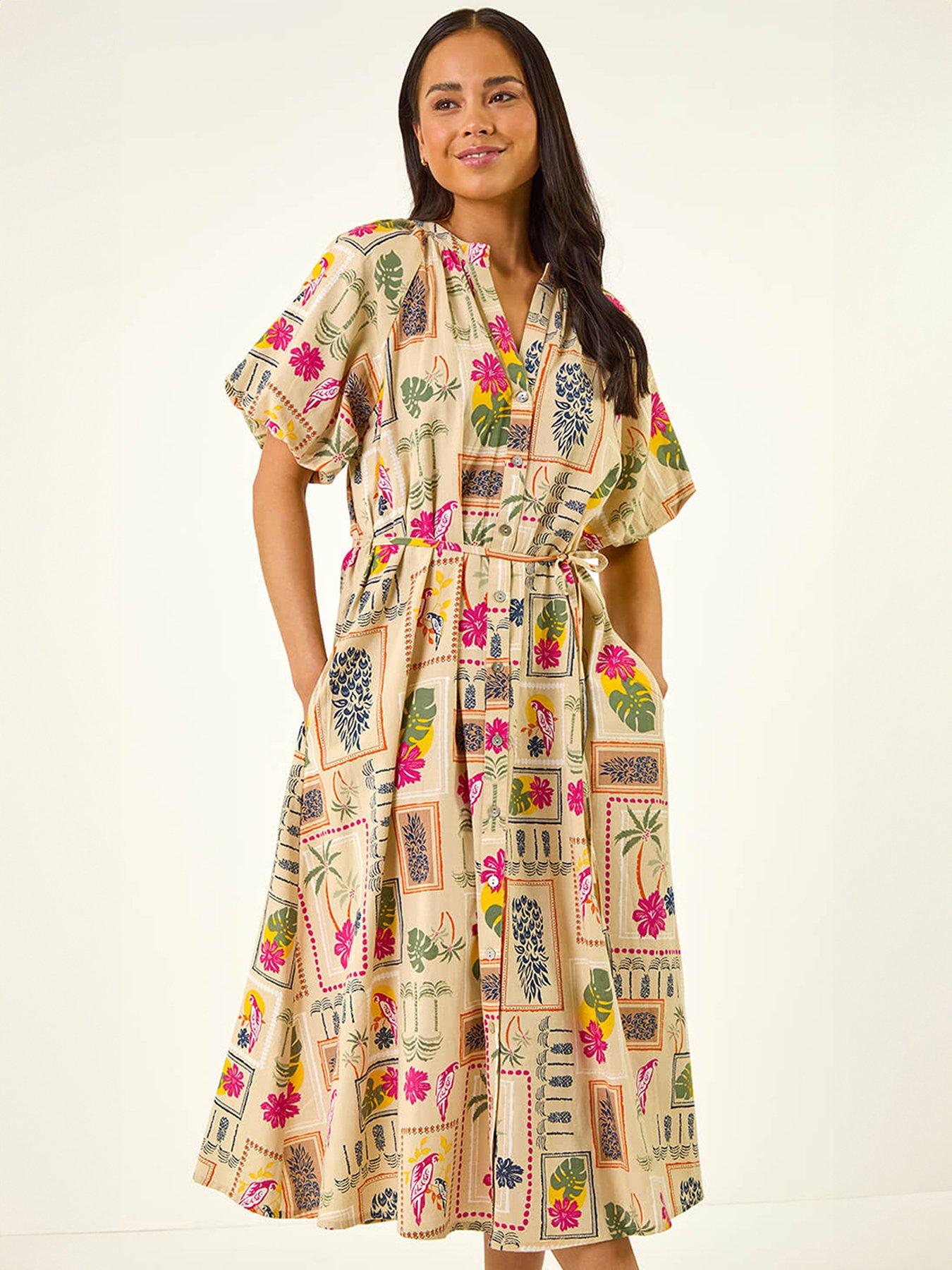 Roman Petite Postcard Tie Waist Midi Dress