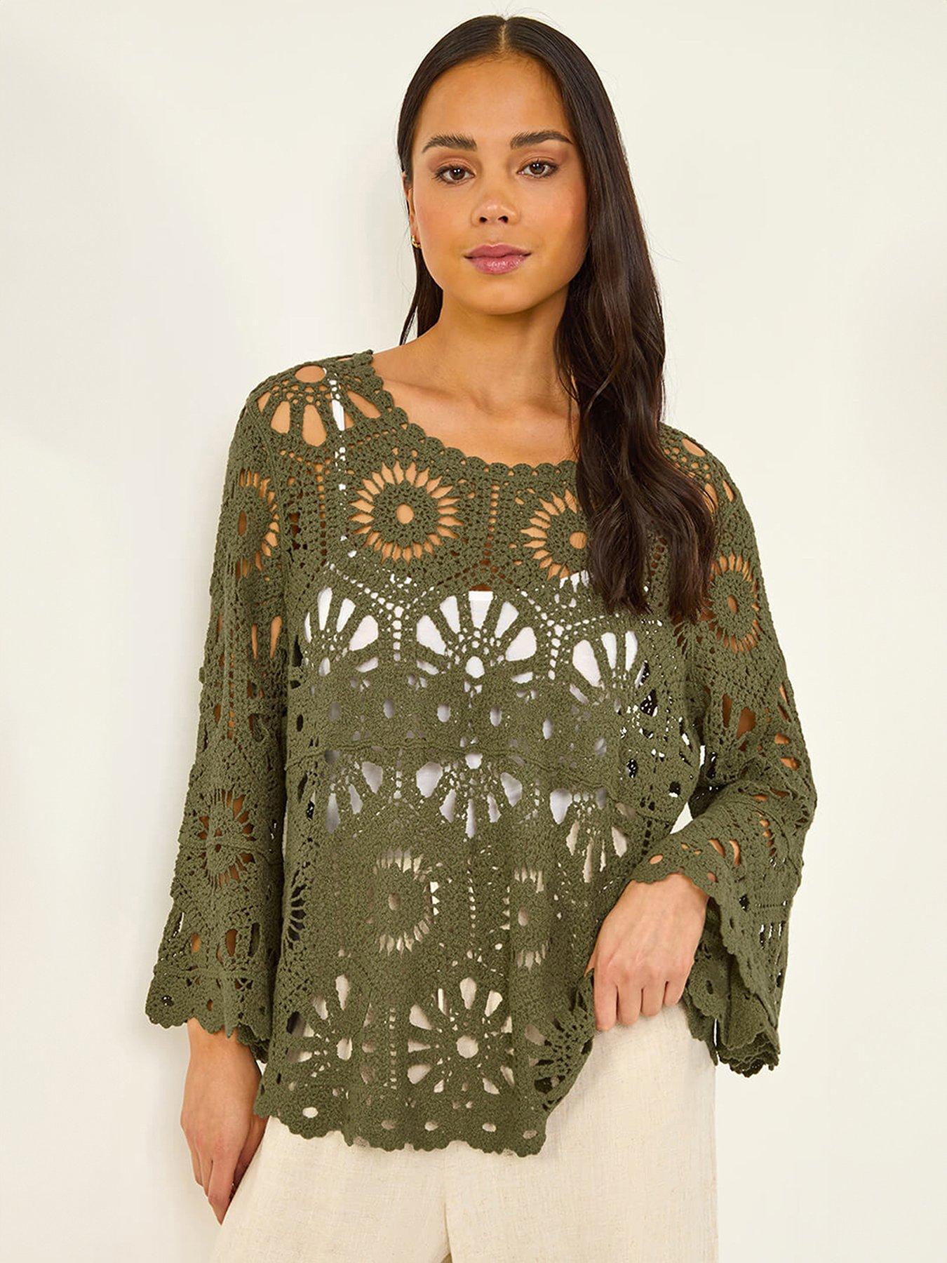 Roman Petite Crochet Top, Green, Size M-L, Women