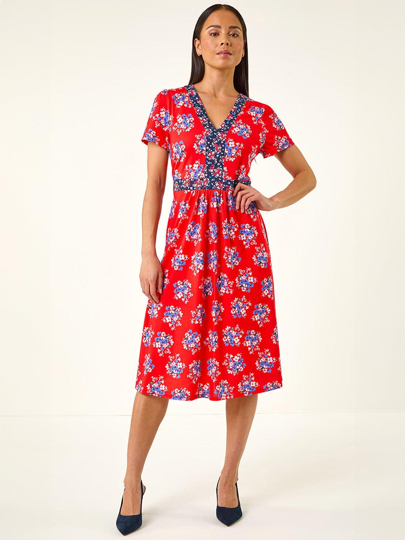 Roman Petite Floral Contrast Stretch Midi Dress