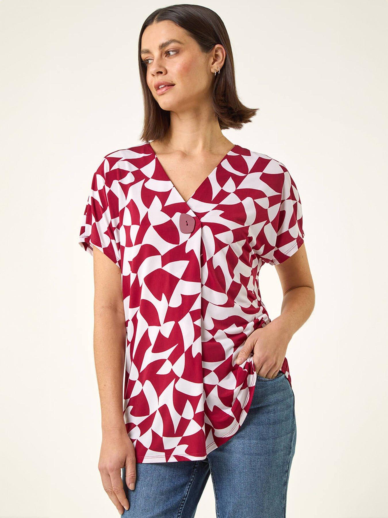 Roman Abstract Print V-Neck Stretch Top