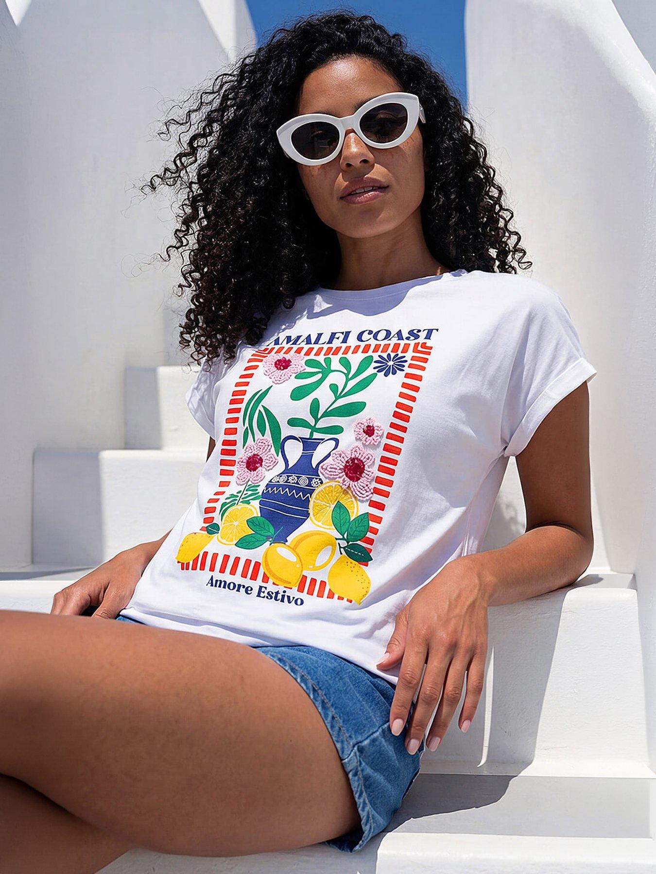 Roman Placement Print Beaded T-Shirt