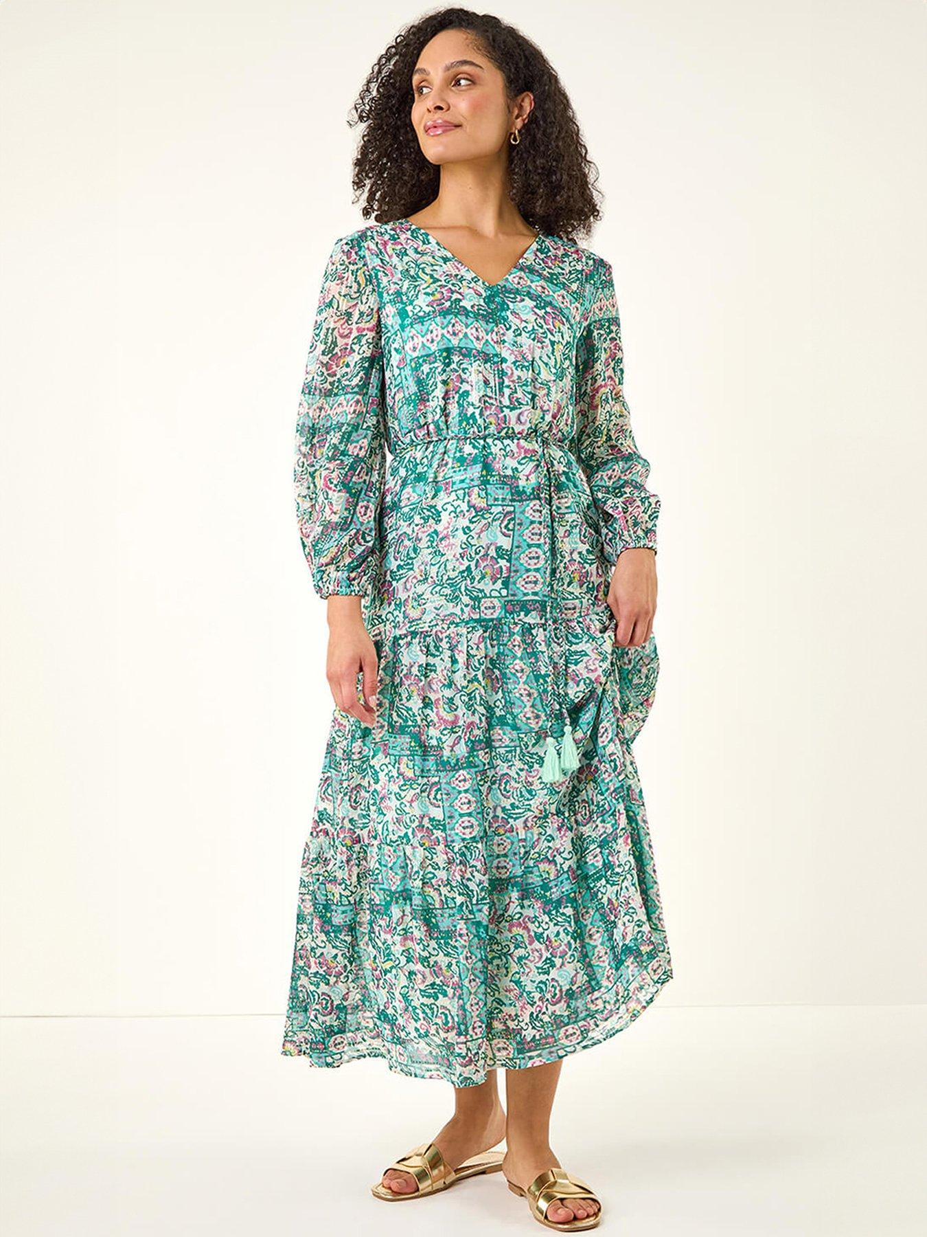Roman Printed Metallic Tie Waist Maxi Dress