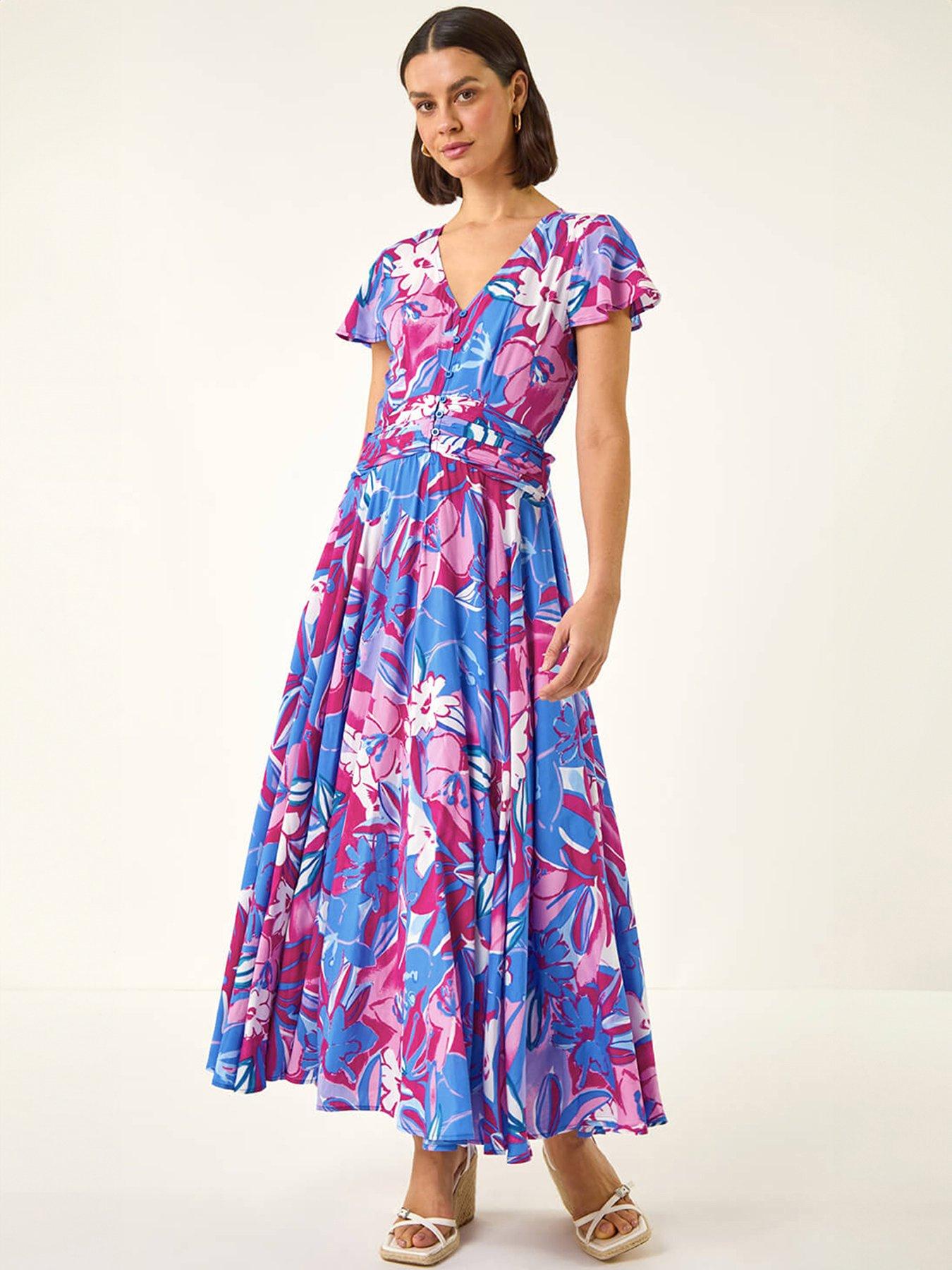 Roman Abstract Floral Ruched Midi Dress