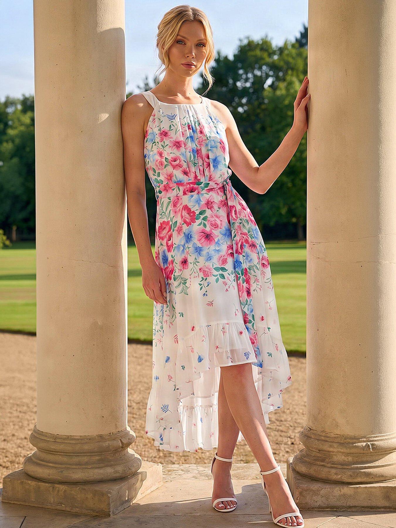 Roman Floral Print High Low Midi Dress, White, Size 16, Women