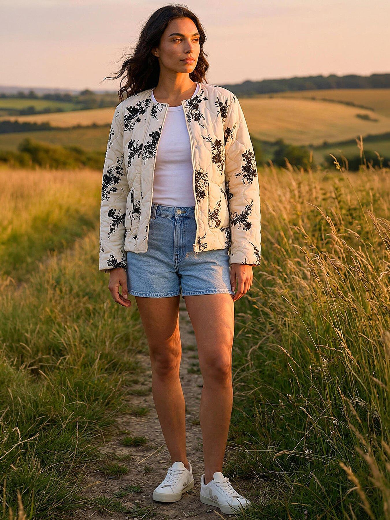Roman Floral Flock Quilted Jacket, White, Size 12, Women