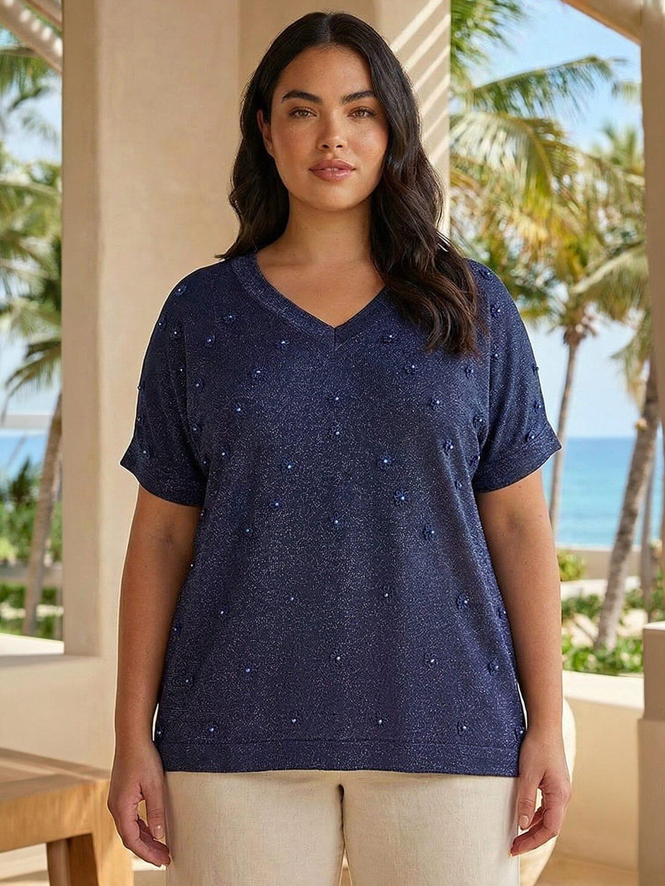 Roman Curve Faux Pearl Embellished Top, Blue, Size 22-24, Women