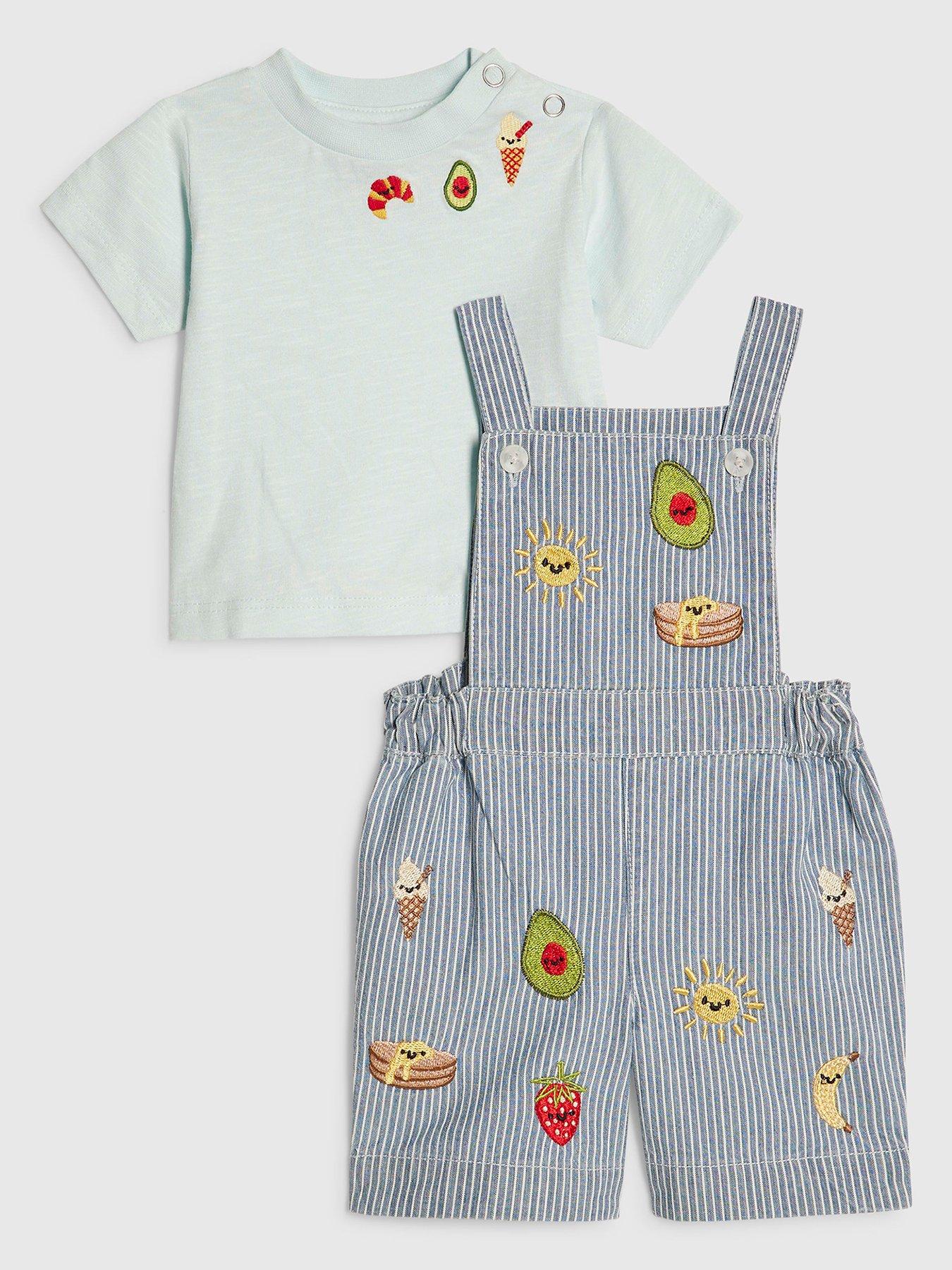 River Island Baby Boys Stripe Foods Dungaree Set, Blue, Size Age: 0-3 Months