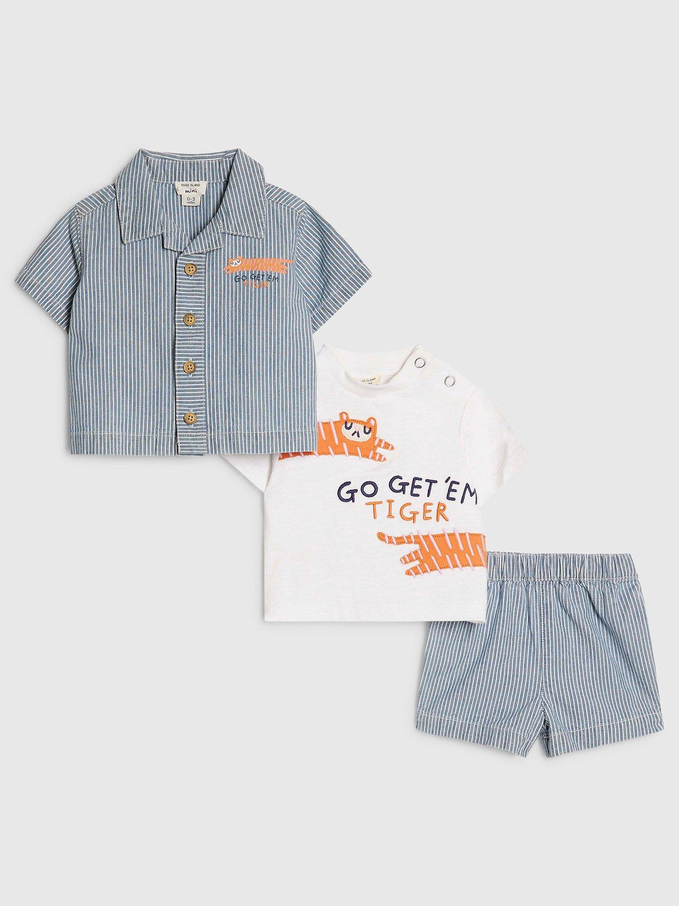 River Island Baby Boys Tiger 3 Piece Shirt Set, Blue, Size Age: 0-3 Months