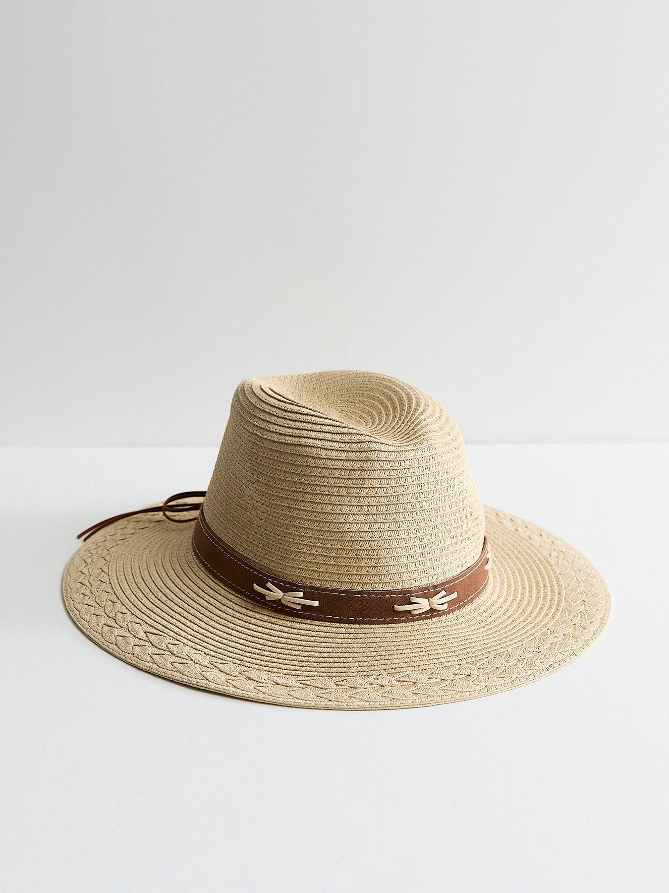 New Look Stone Suede Trim Straw Fedora Hat