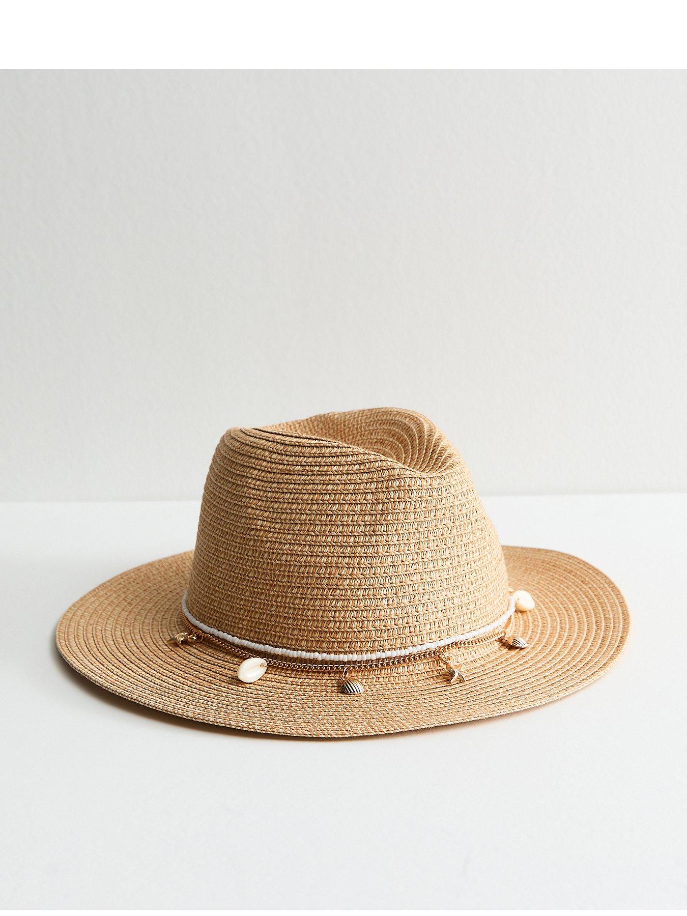 Image 1 of 3 of New Look Stone Beaded Shell Trim Straw Fedora Hat - Beige